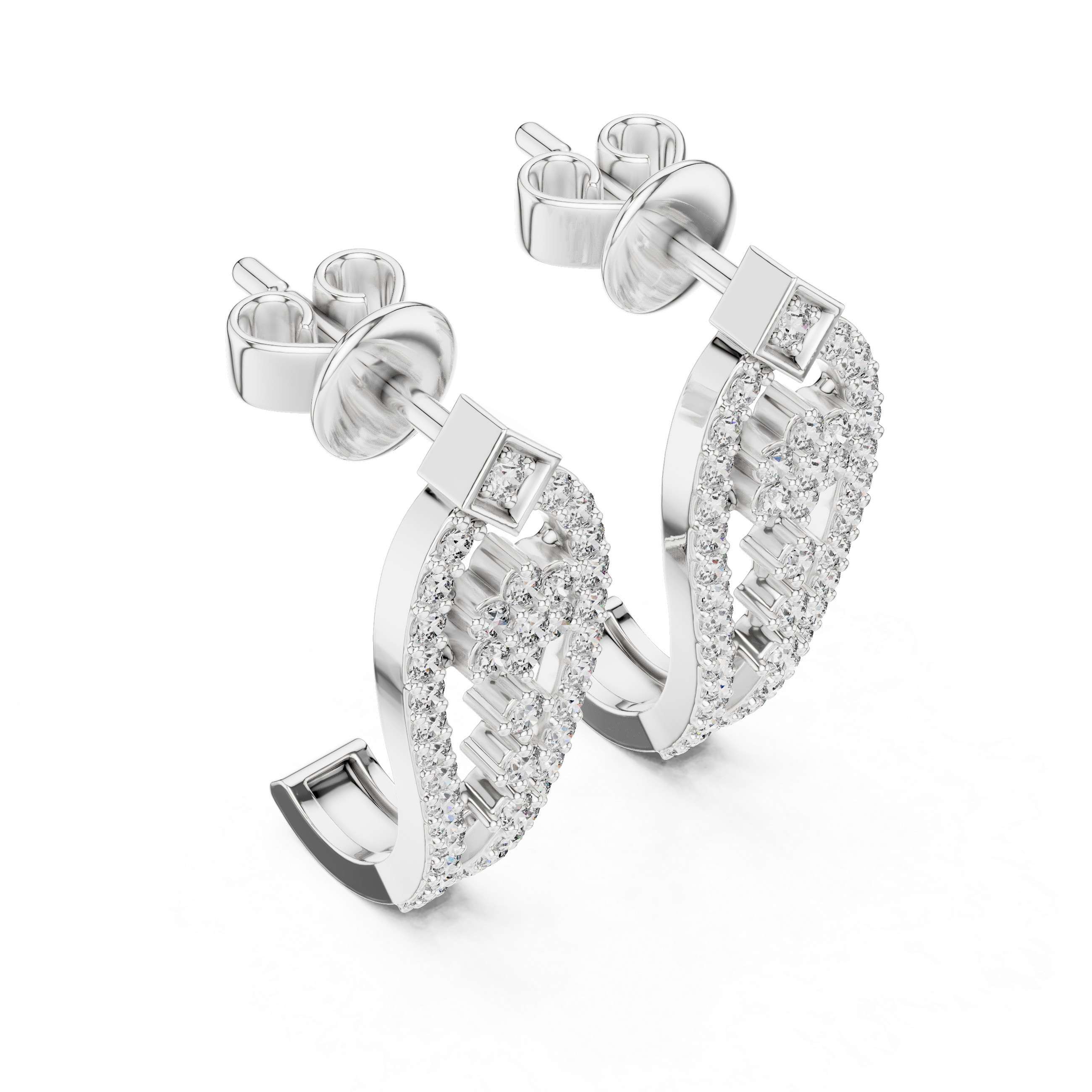 Round Brilliant Diamond Pavé Floral Lattice Teardrop Drop Earrings with Geometric Stud Top