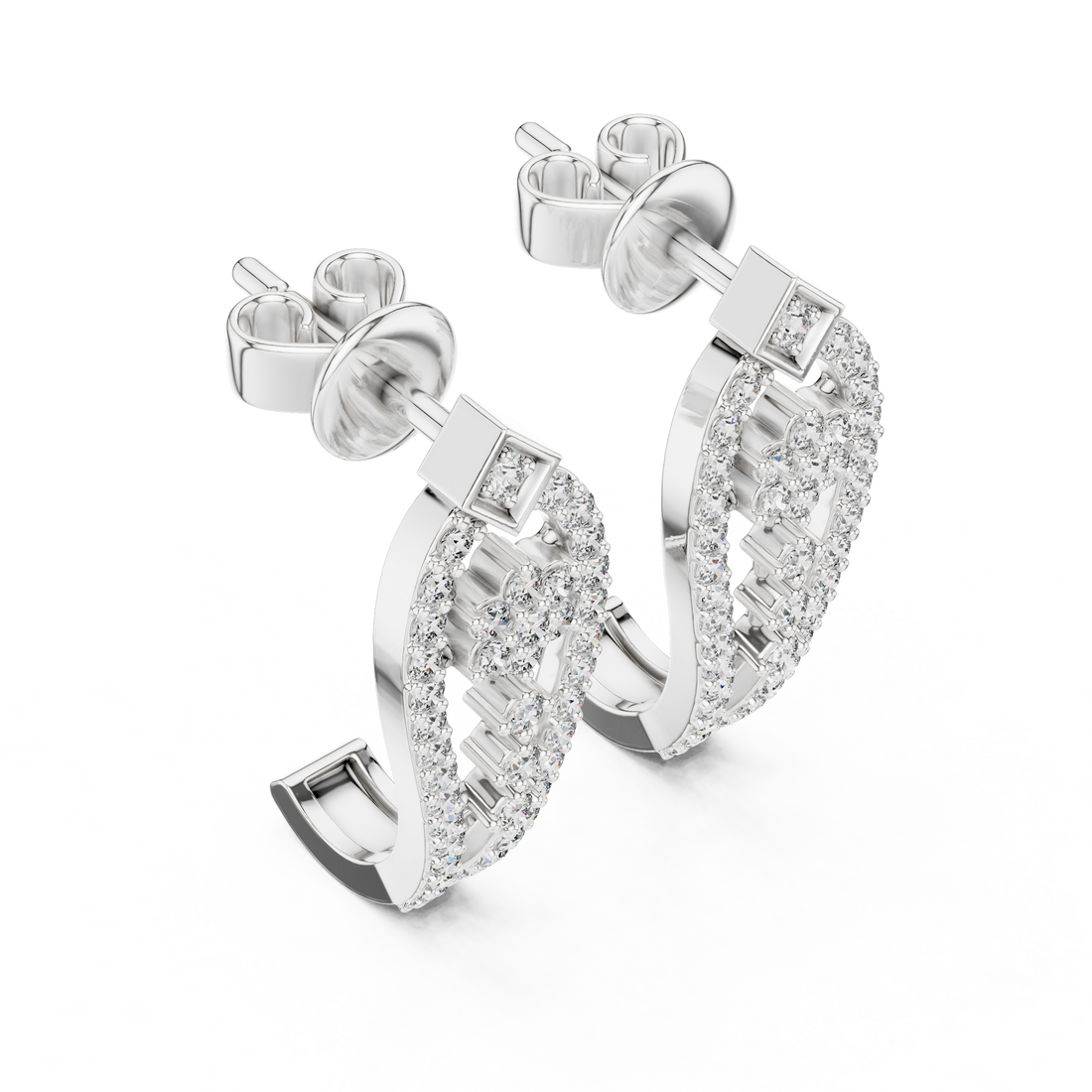 Round Brilliant Diamond Pavé Floral Lattice Teardrop Drop Earrings with Geometric Stud Top