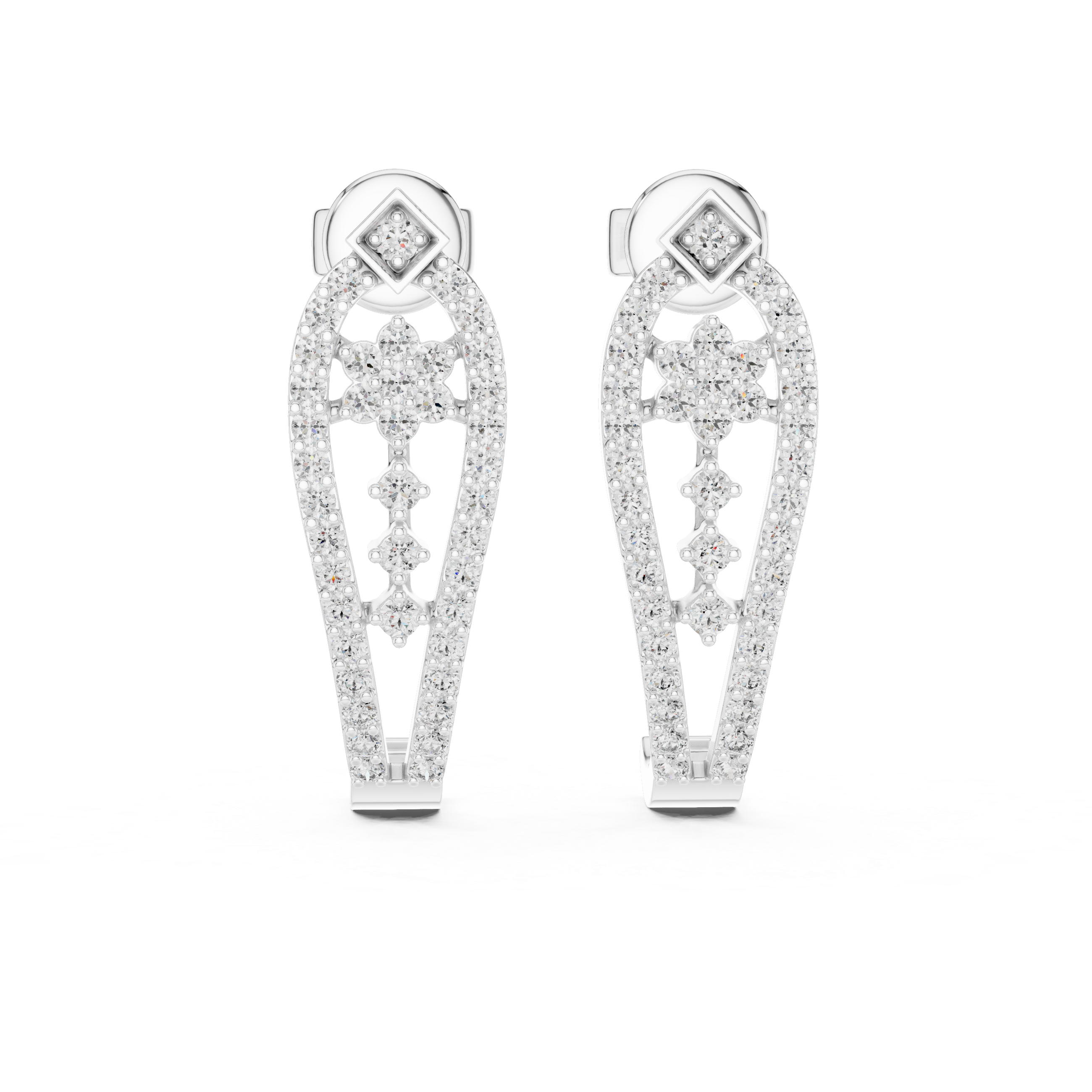 Round Brilliant Diamond Pavé Floral Lattice Teardrop Drop Earrings with Geometric Stud Top