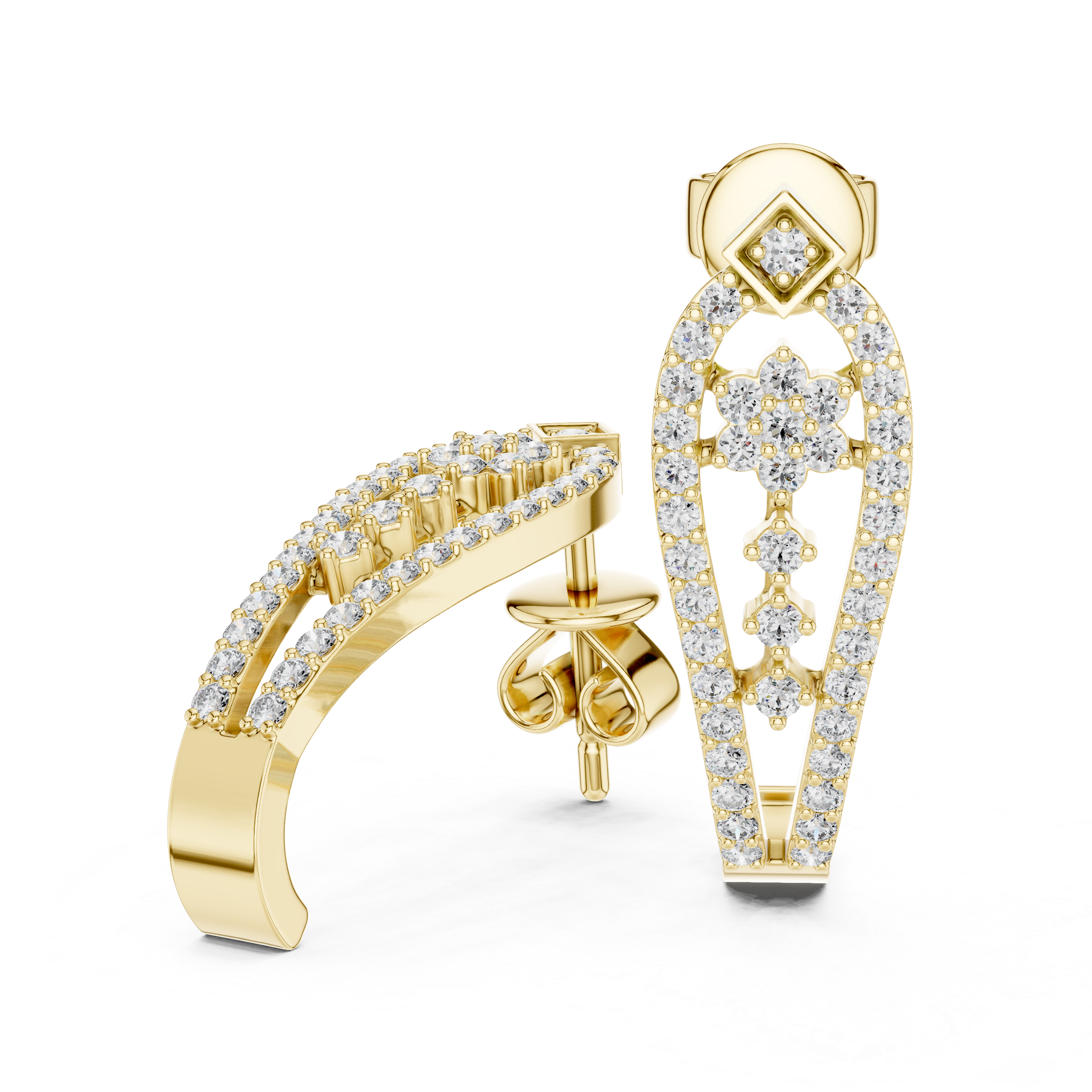 Round Brilliant Diamond Pavé Floral Lattice Teardrop Drop Earrings with Geometric Stud Top