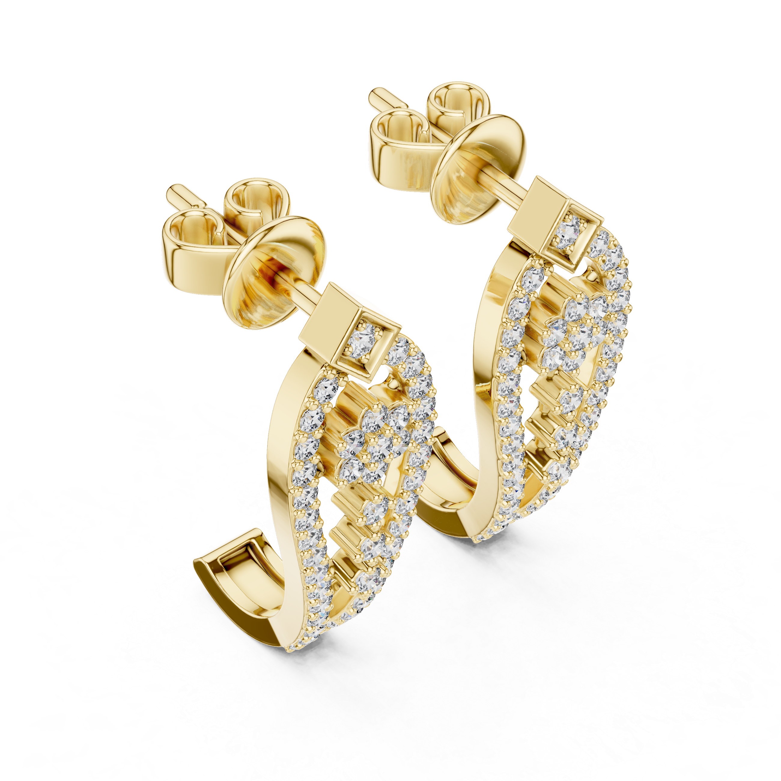 Round Brilliant Diamond Pavé Floral Lattice Teardrop Drop Earrings with Geometric Stud Top