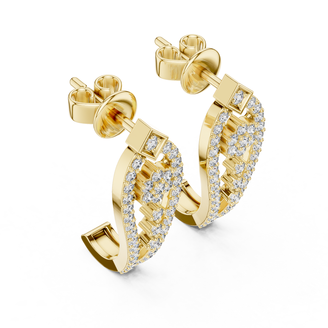 Round Brilliant Diamond Pavé Floral Lattice Teardrop Drop Earrings with Geometric Stud Top