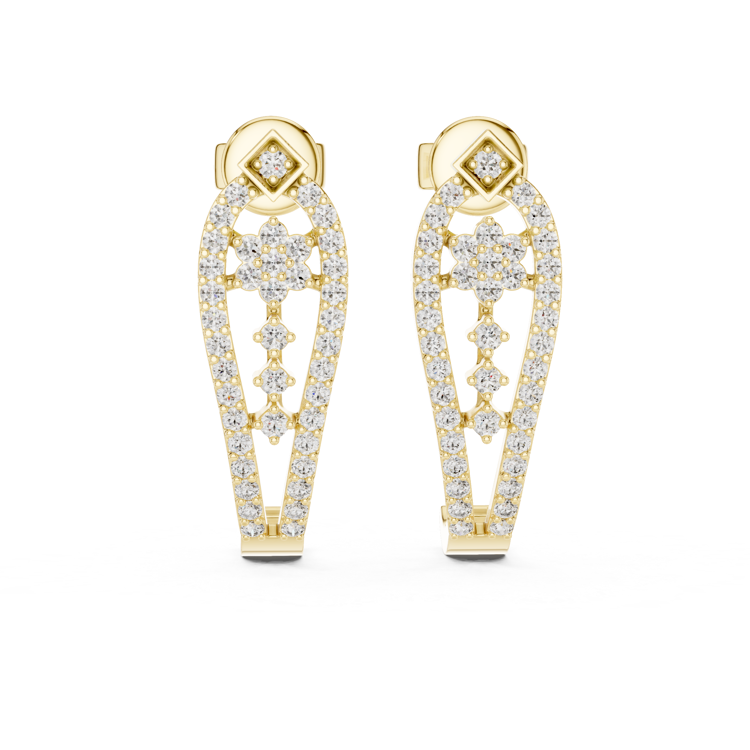 Round Brilliant Diamond Pavé Floral Lattice Teardrop Drop Earrings with Geometric Stud Top