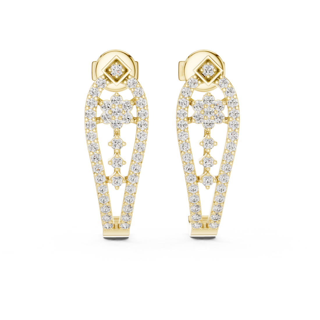 Round Brilliant Diamond Pavé Floral Lattice Teardrop Drop Earrings with Geometric Stud Top
