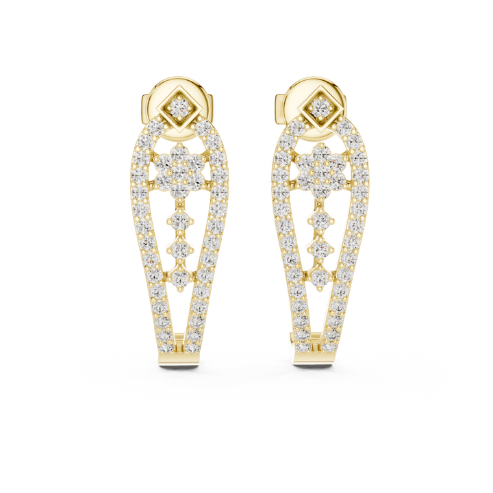 Round Brilliant Diamond Pavé Floral Lattice Teardrop Drop Earrings with Geometric Stud Top