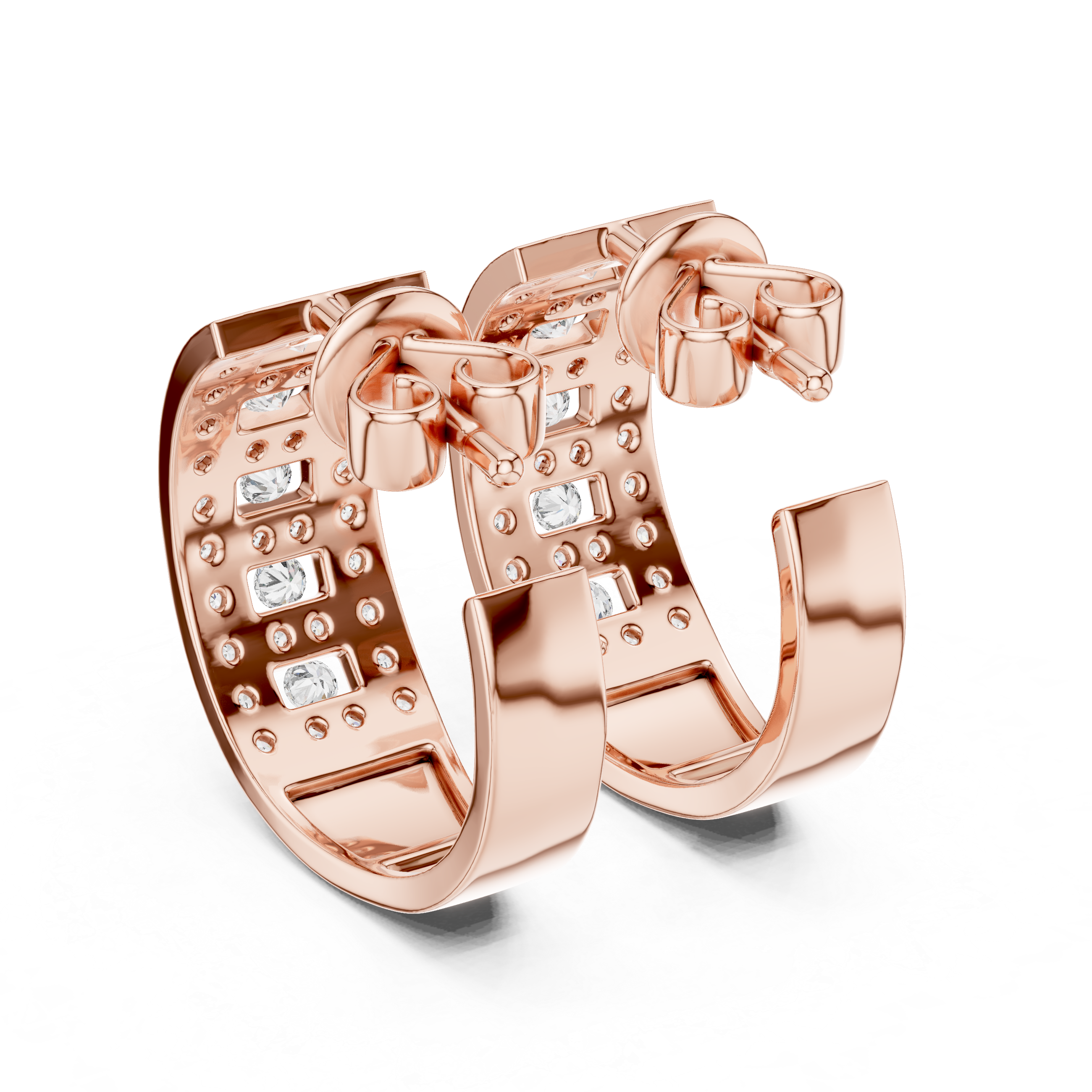 Round Cut Diamond Multi-Row Channel and Pavé Hoop Earrings