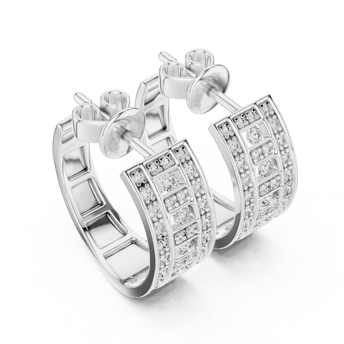 Round Cut Diamond Multi-Row Channel and Pavé Hoop Earrings