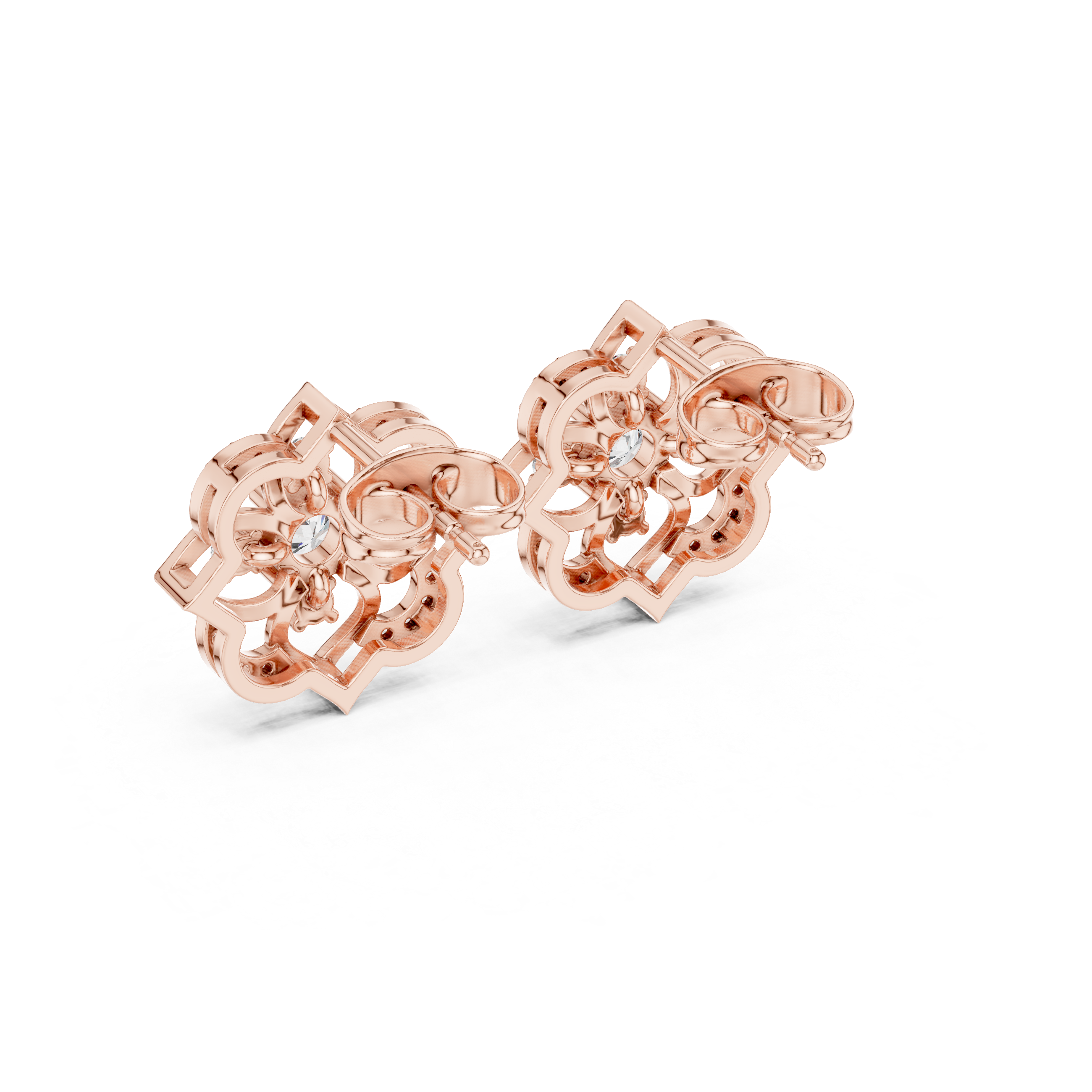 Sparkling floral round diamond halo stud earrings close-up
