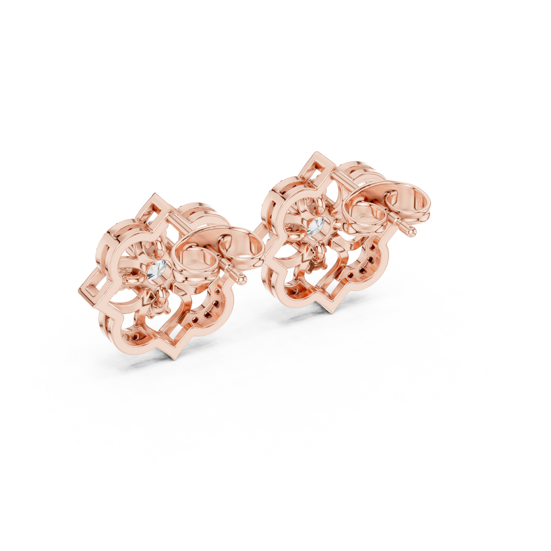 Sparkling floral round diamond halo stud earrings close-up