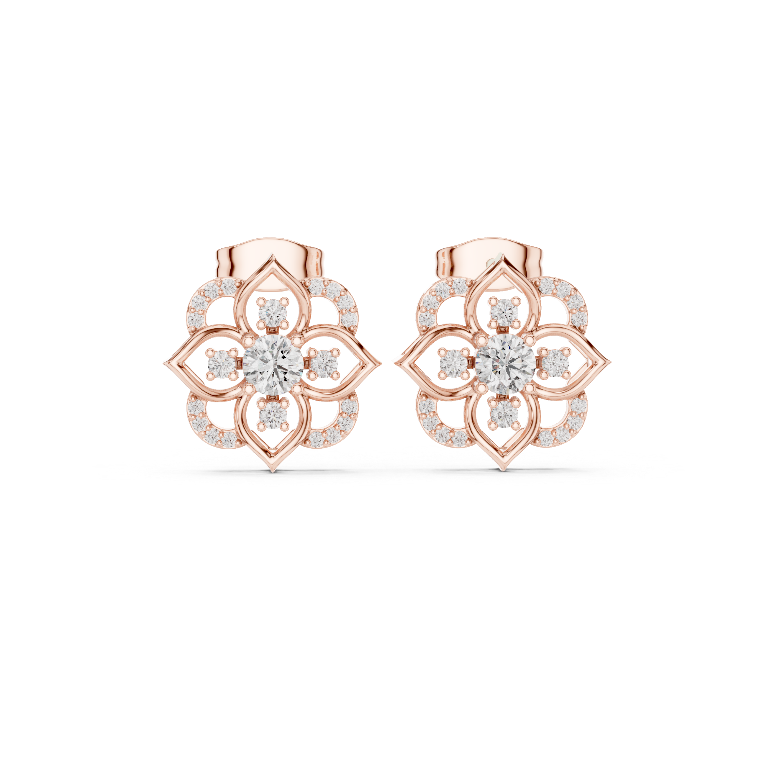 Floral round cut diamond halo stud earrings elegant design