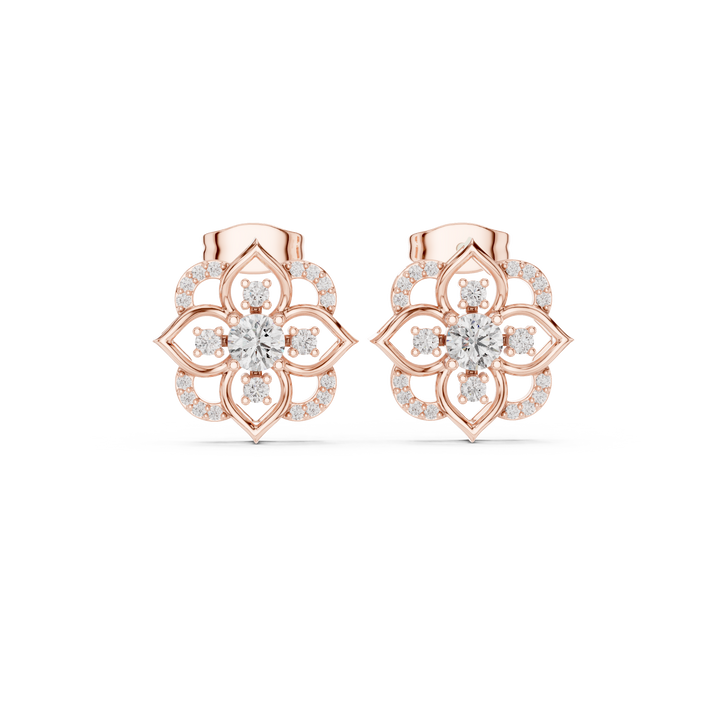 Floral round cut diamond halo stud earrings elegant design