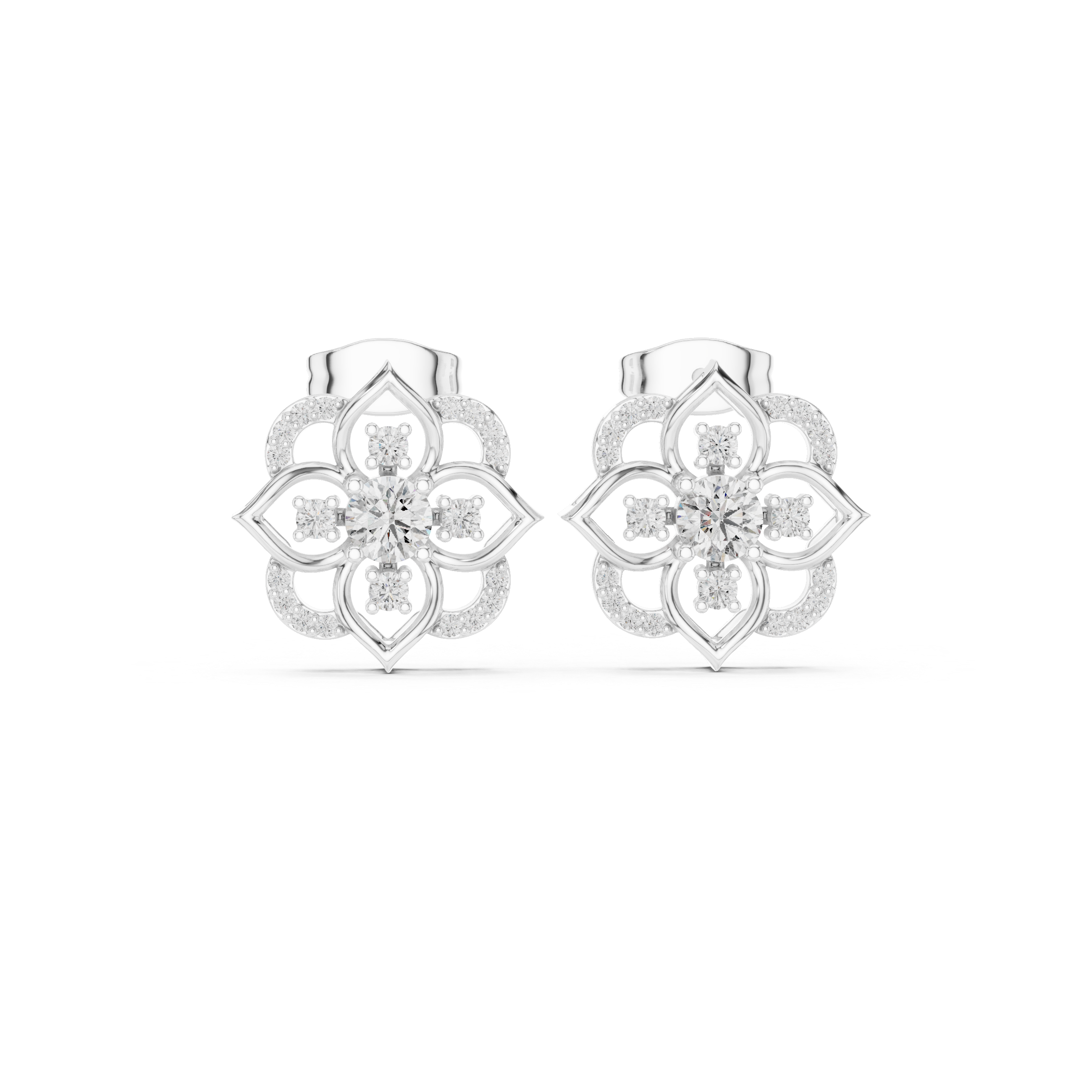 Brilliant floral round cut diamond halo stud earrings shine detail