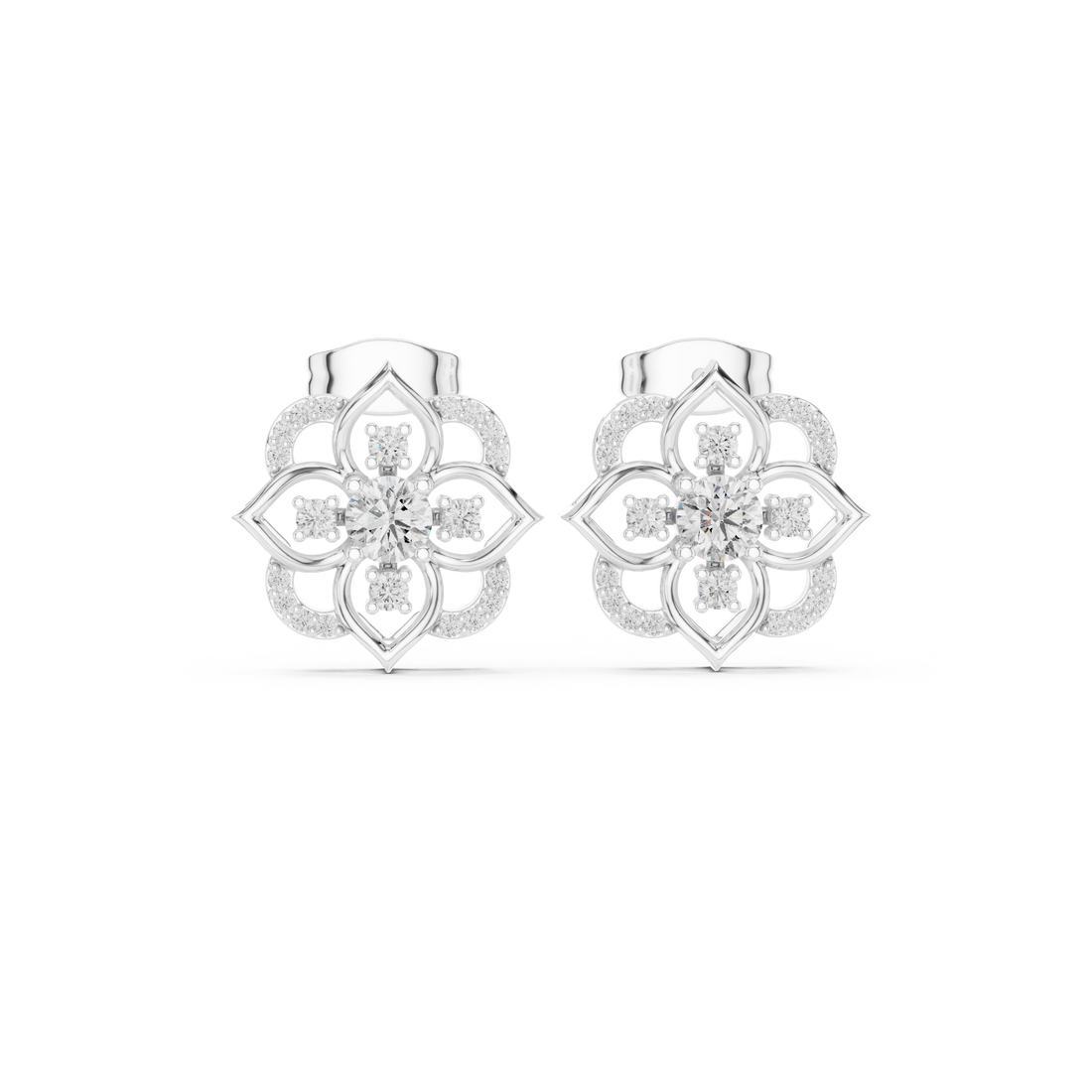 Brilliant floral round cut diamond halo stud earrings shine detail