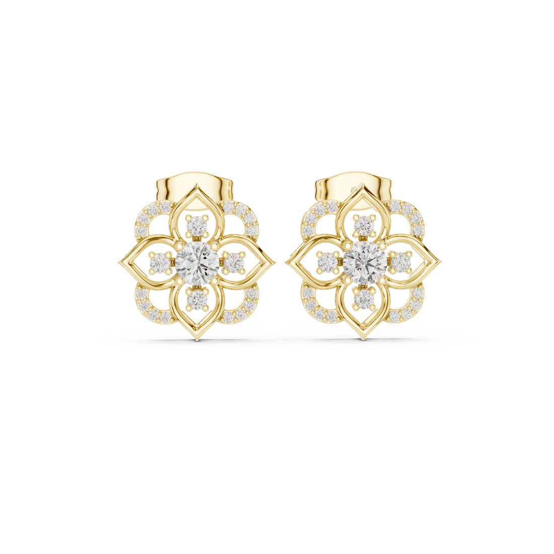 Premium floral round diamond halo stud earrings modern design