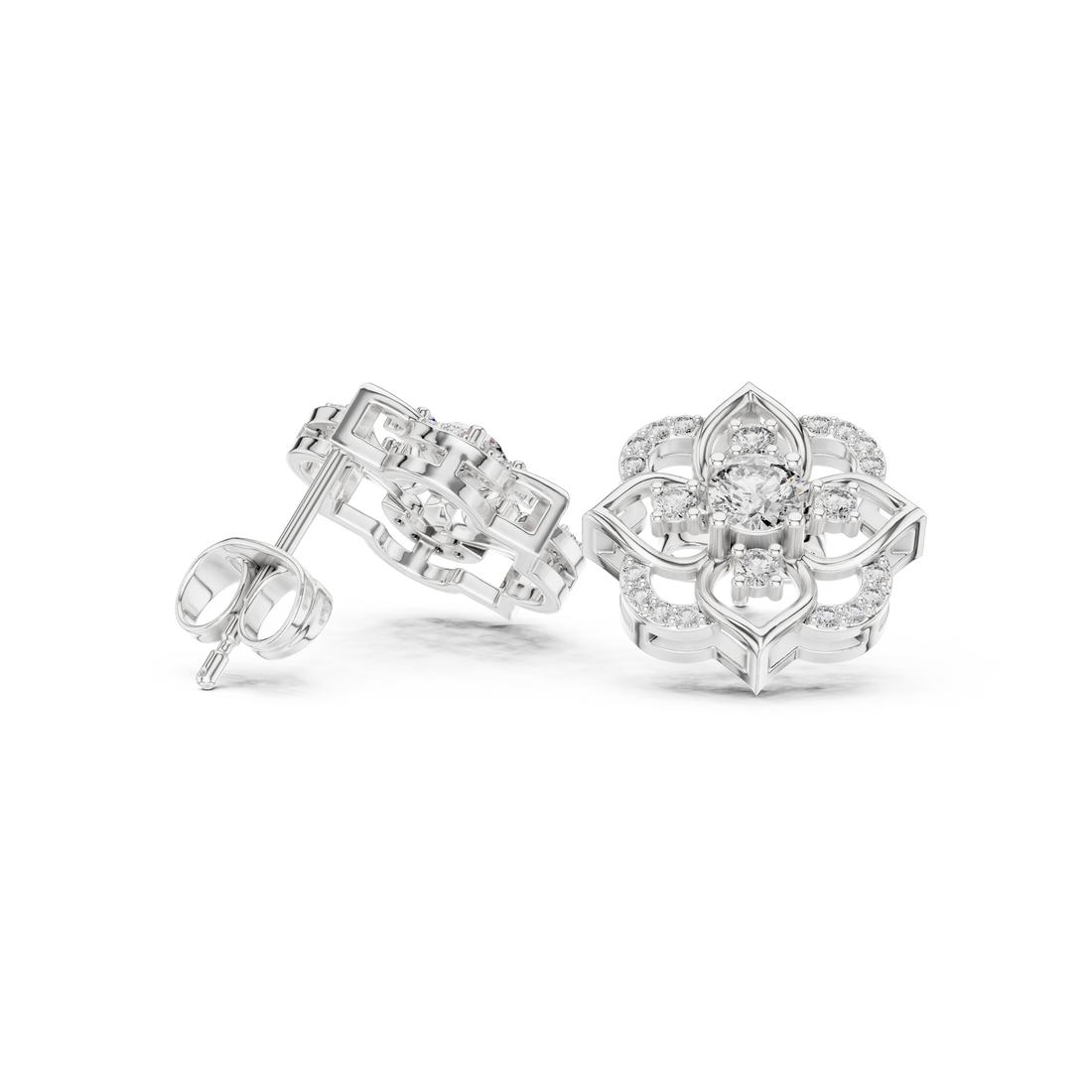 Close-up of floral round diamond halo stud earrings sparkle detail