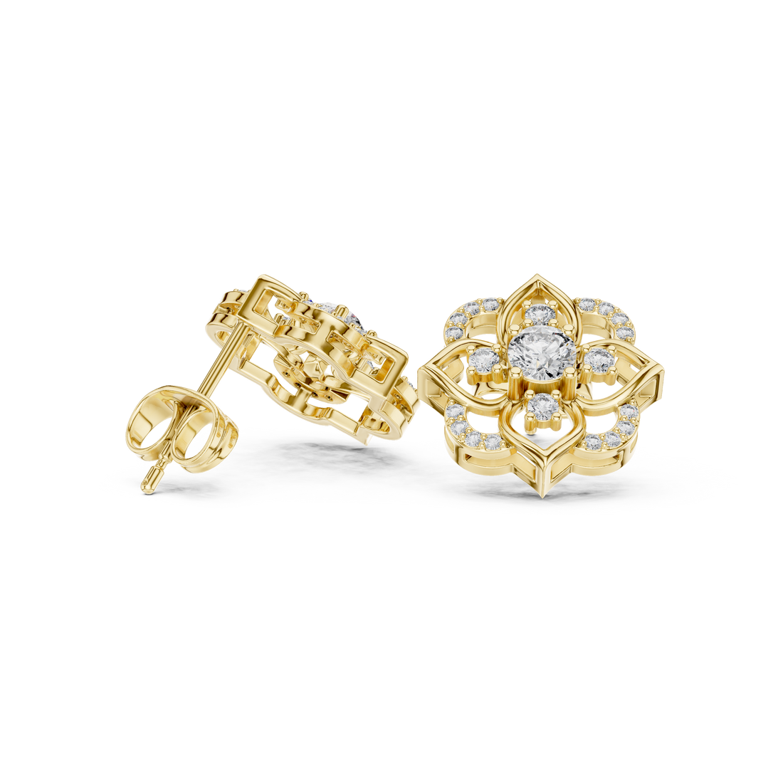 Fine jewelry floral round cut diamond halo stud earrings product shot