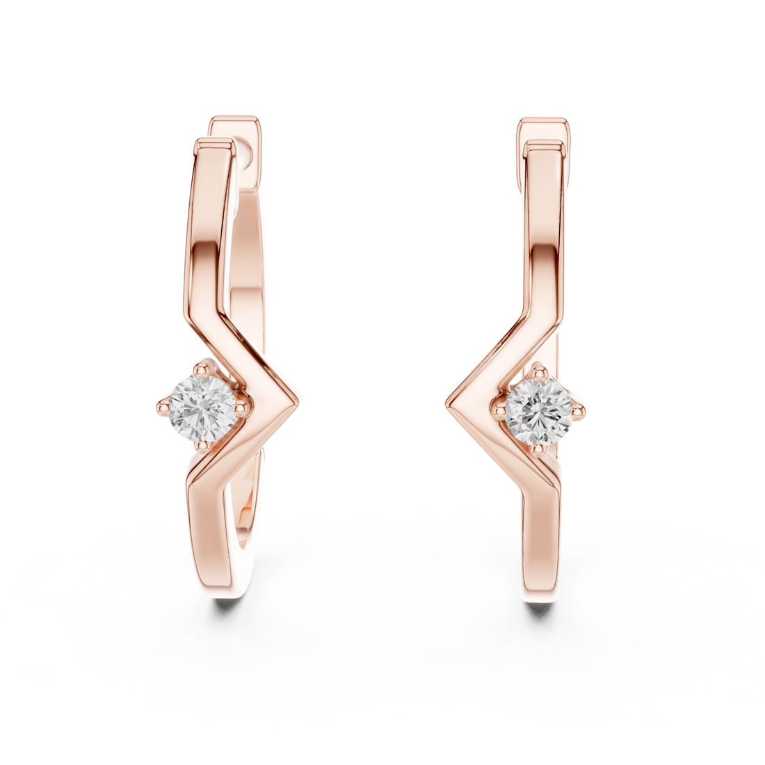 Round Brilliant Diamond Minimal Chevron Huggie Hoop Earrings with Solitaire Accent