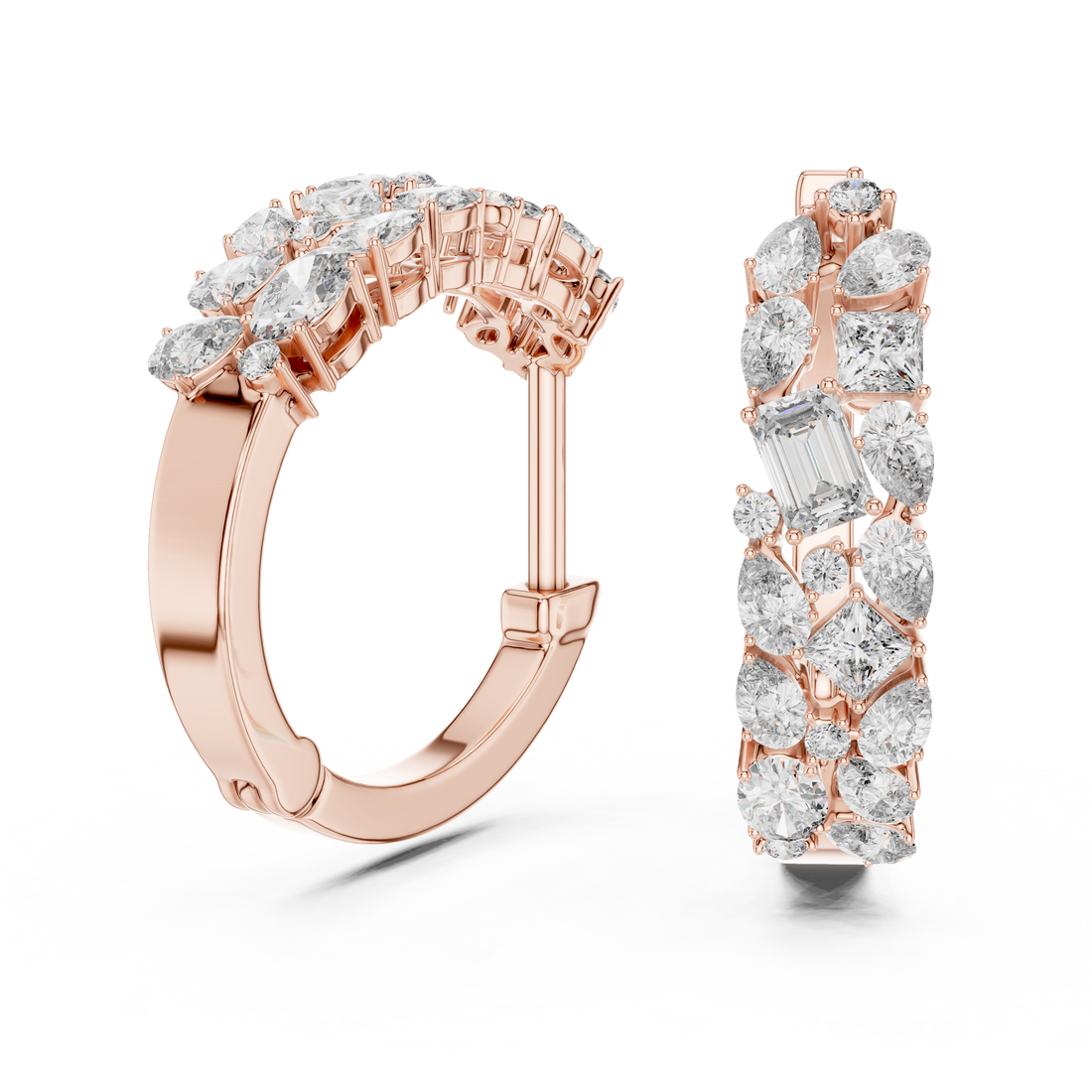 Emerald, Princess and Pear Cut Diamond Cluster Hoop Earrings