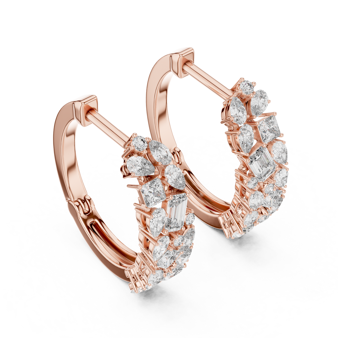 Emerald, Princess and Pear Cut Diamond Cluster Hoop Earrings