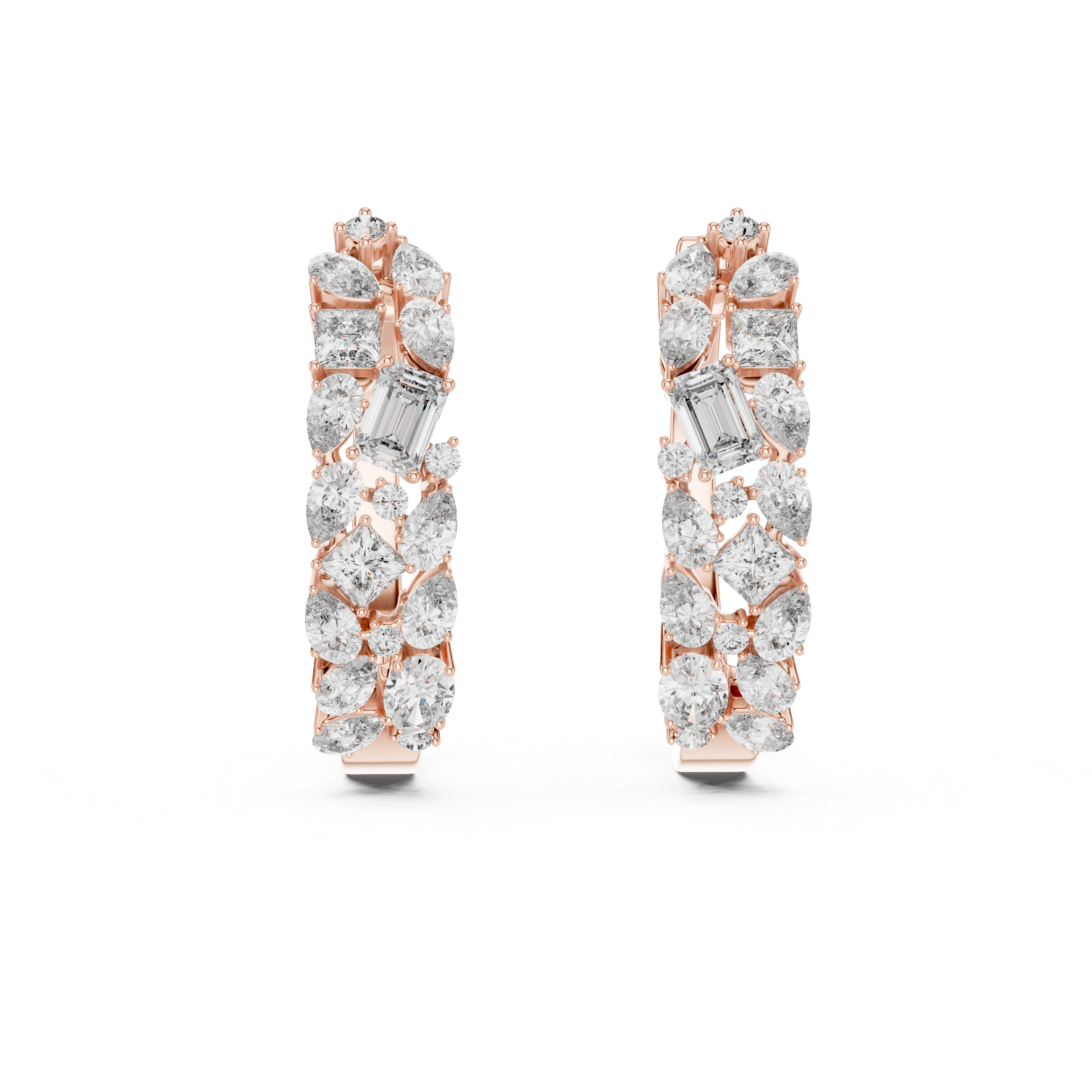 Emerald, Princess and Pear Cut Diamond Cluster Hoop Earrings