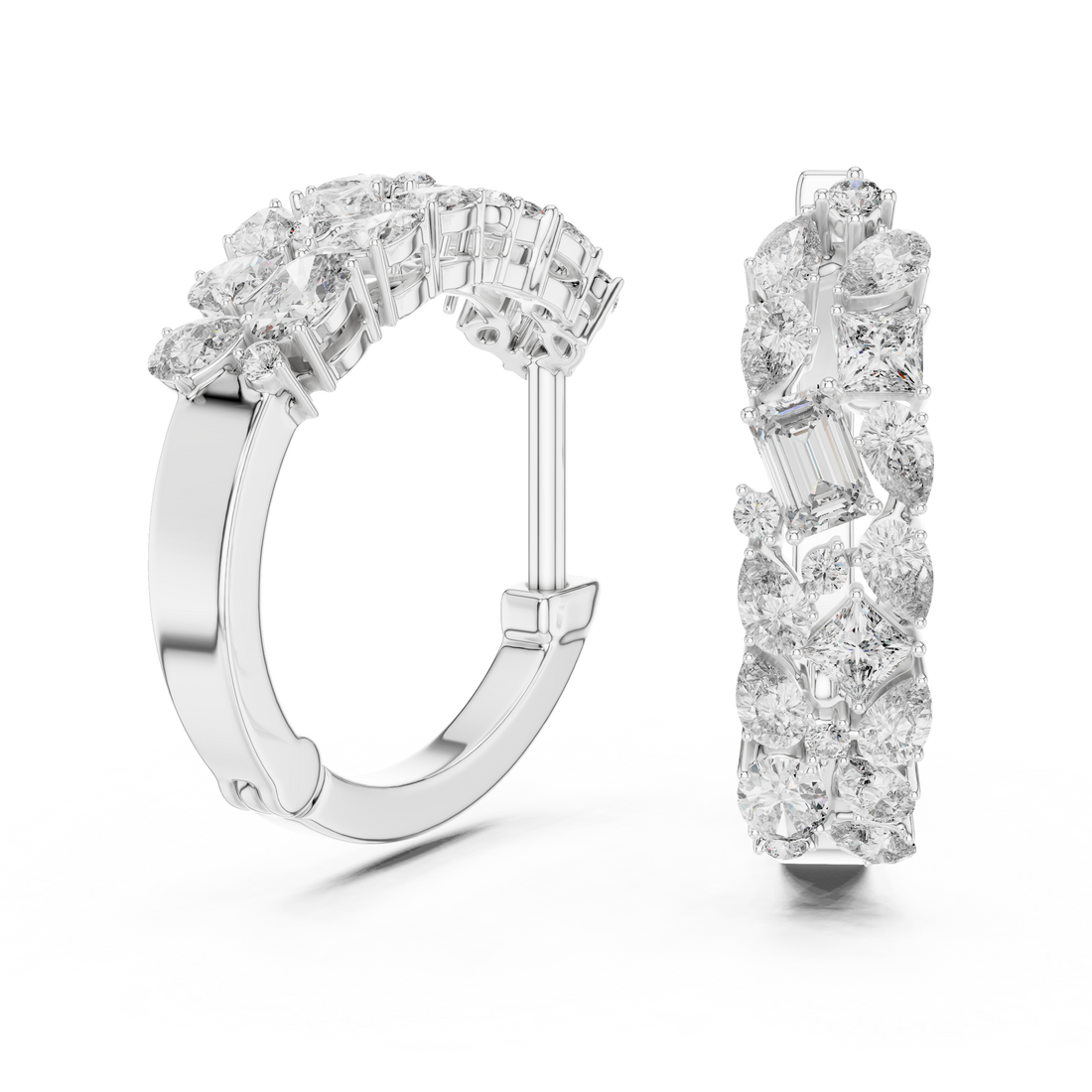 Emerald, Princess and Pear Cut Diamond Cluster Hoop Earrings