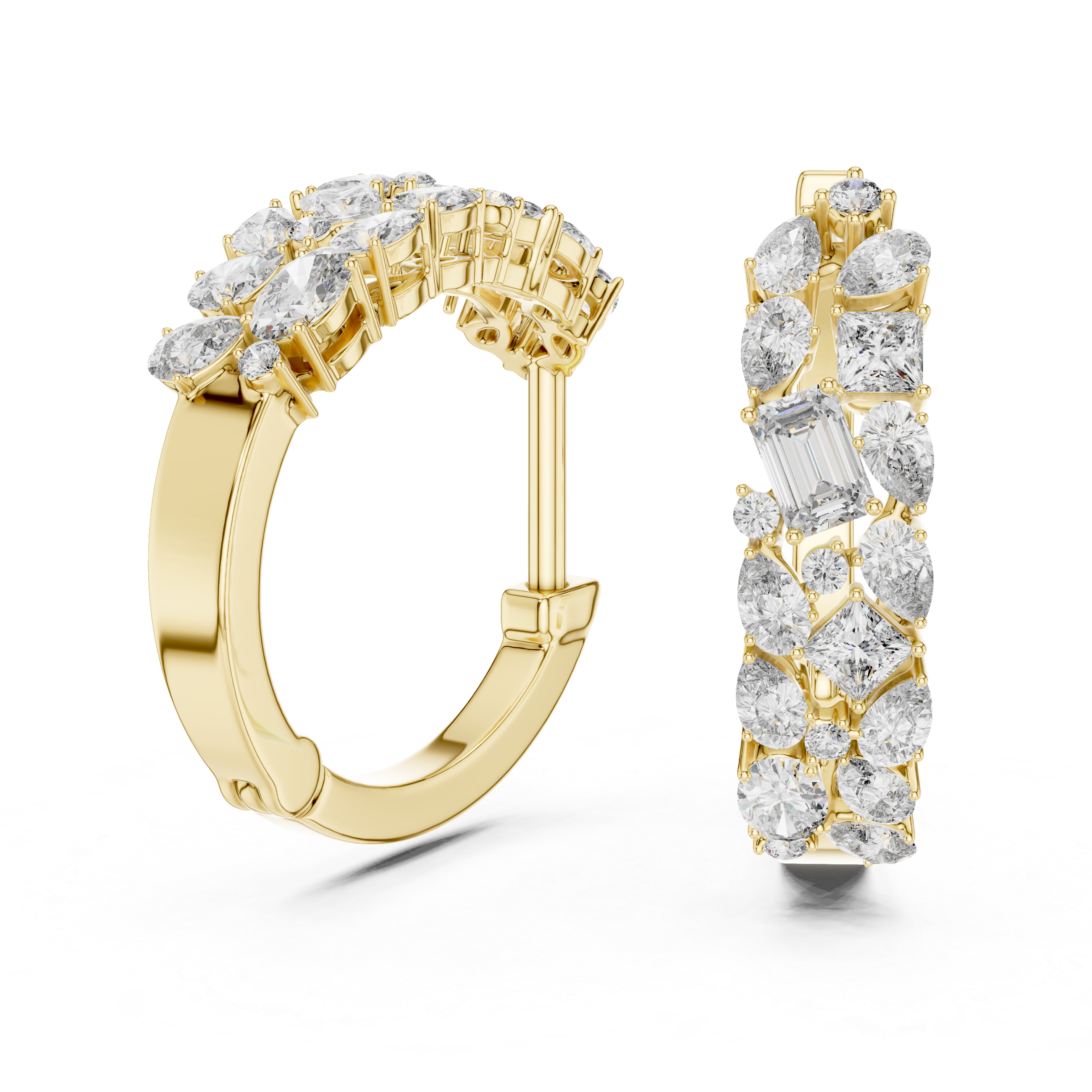 Emerald, Princess and Pear Cut Diamond Cluster Hoop Earrings