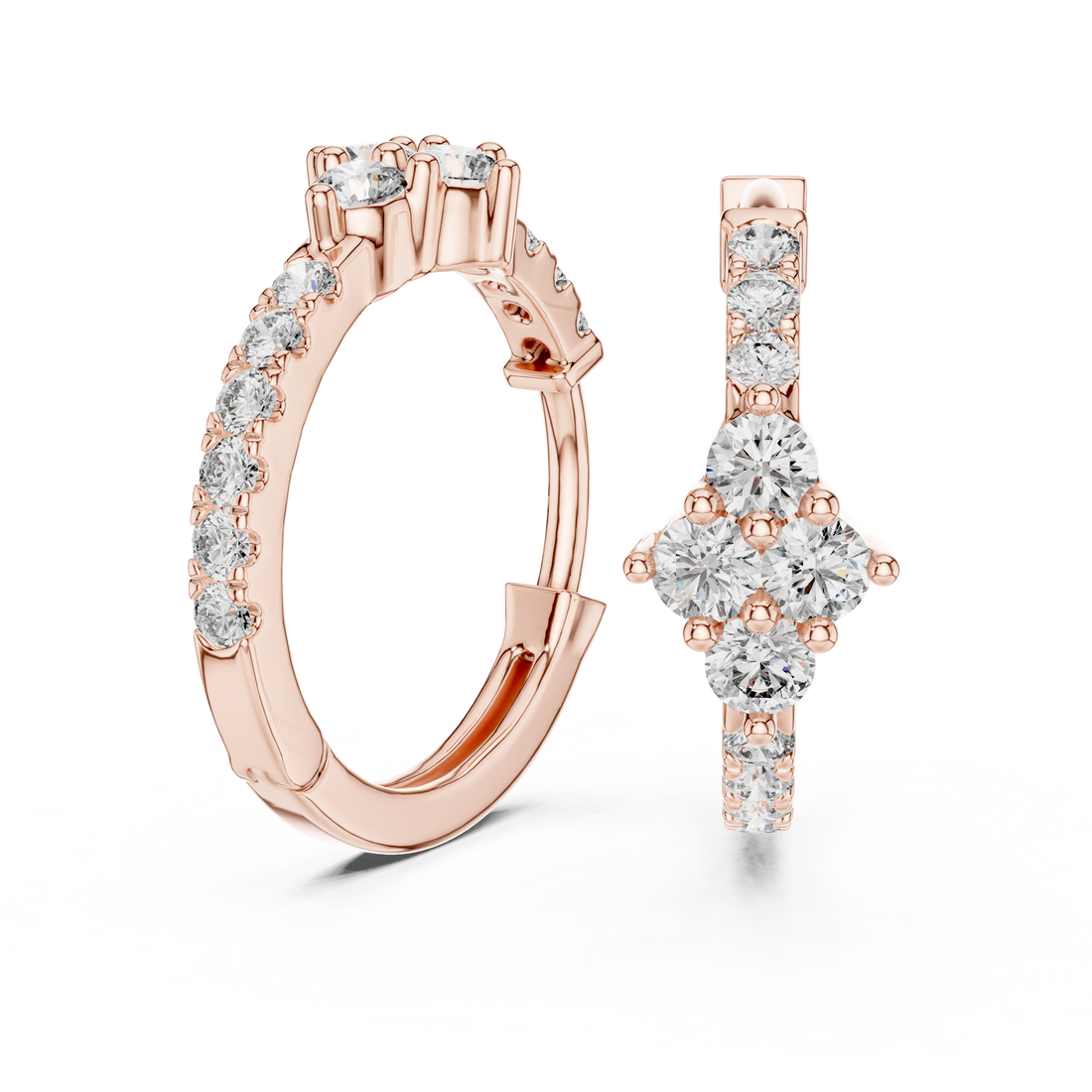 Round Brilliant Diamond Cluster Huggie Hoop Earrings with Pavé Accents