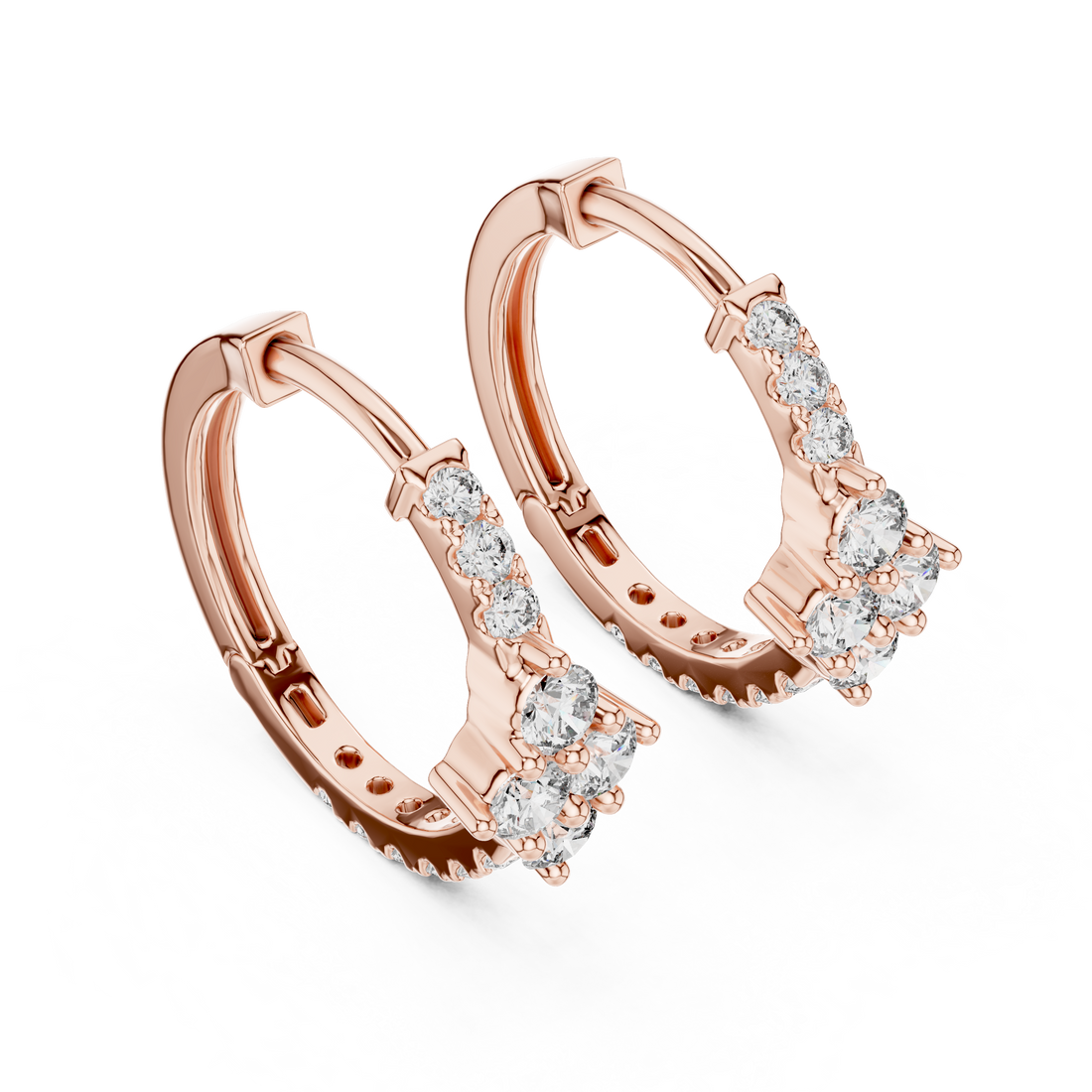 Round Brilliant Diamond Cluster Huggie Hoop Earrings with Pavé Accents