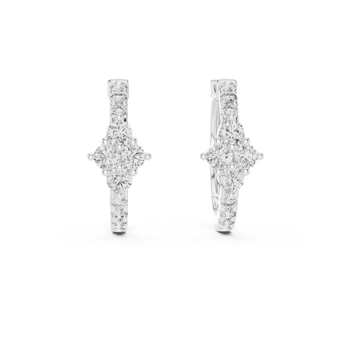 Round Brilliant Diamond Cluster Huggie Hoop Earrings with Pavé Accents