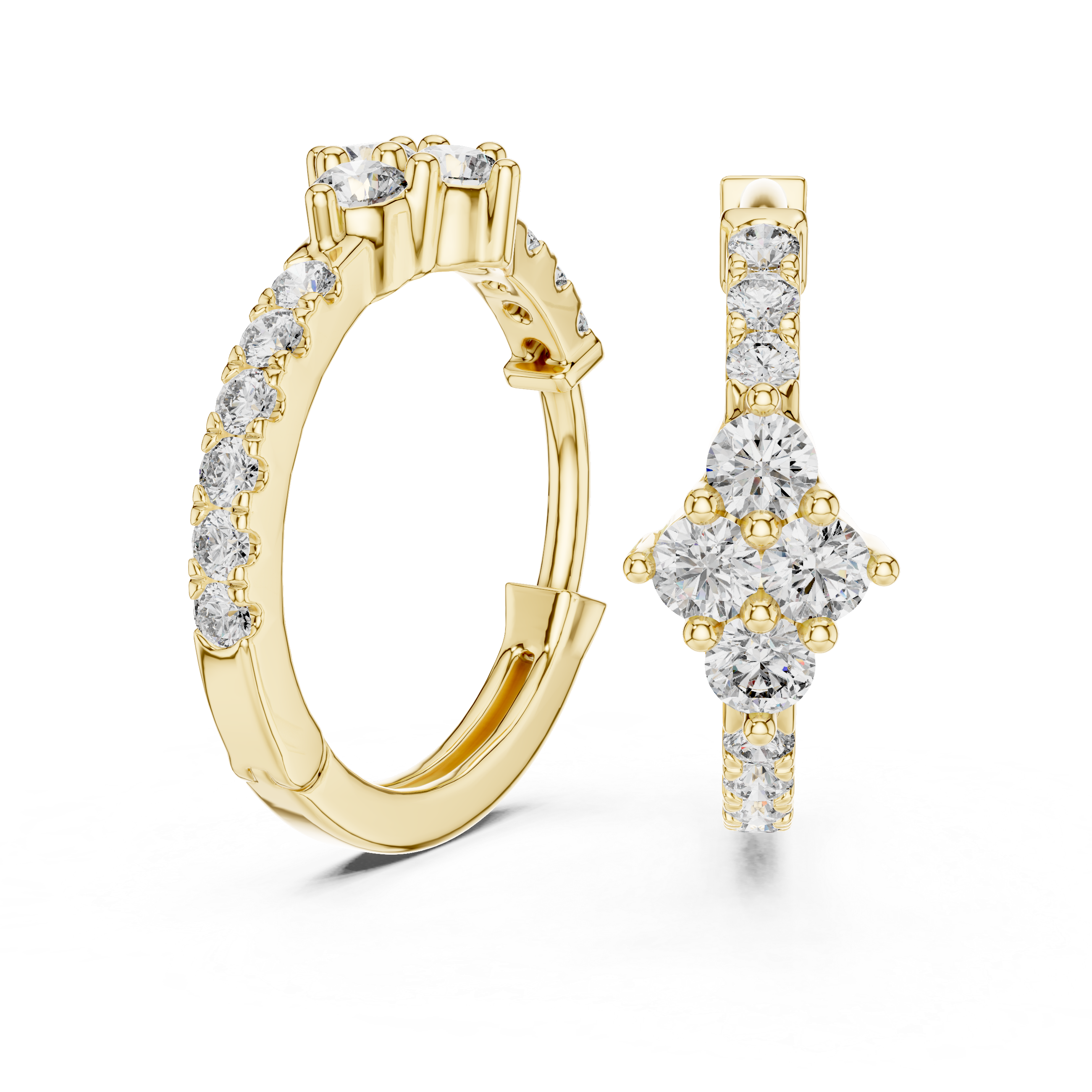 Round Brilliant Diamond Cluster Huggie Hoop Earrings with Pavé Accents