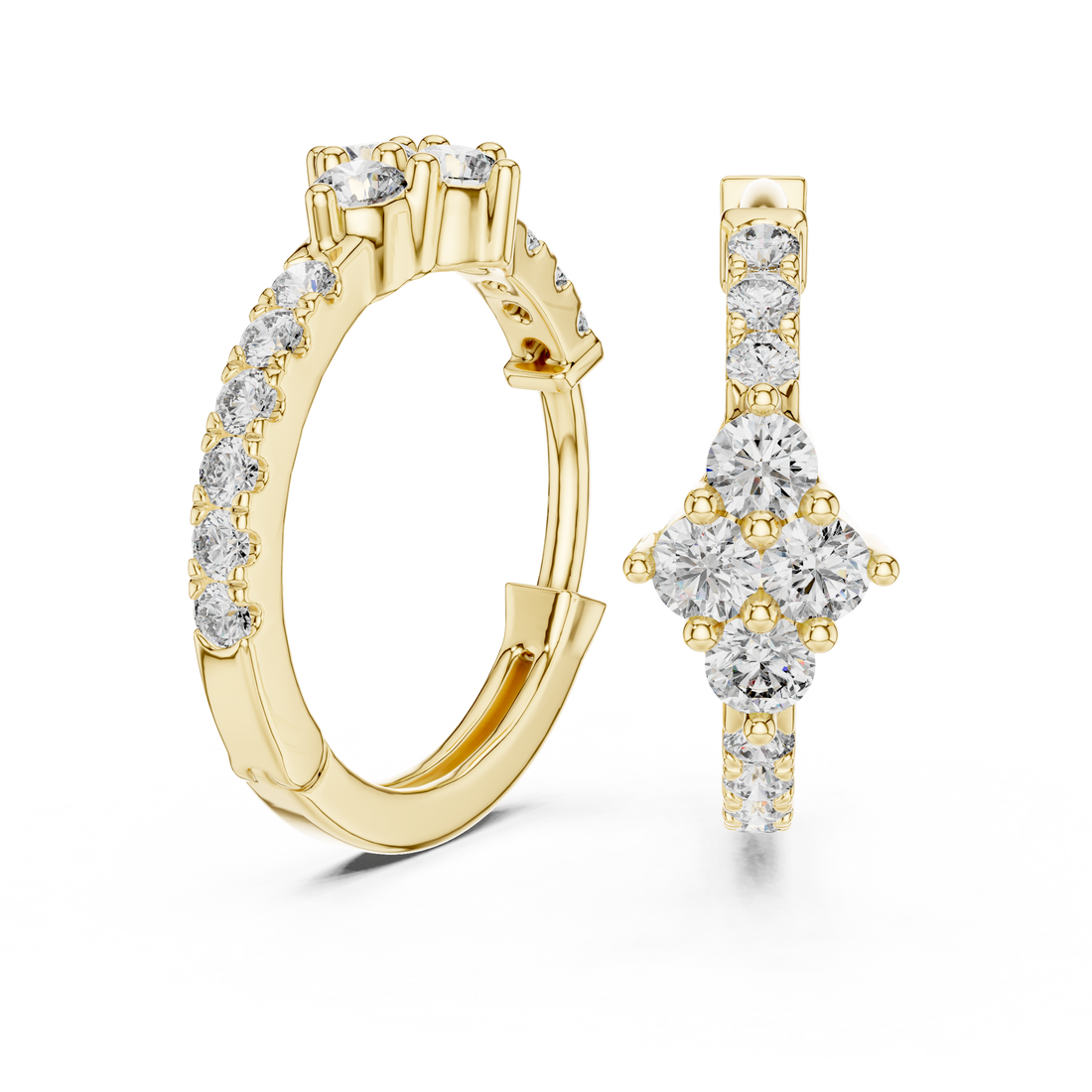 Round Brilliant Diamond Cluster Huggie Hoop Earrings with Pavé Accents