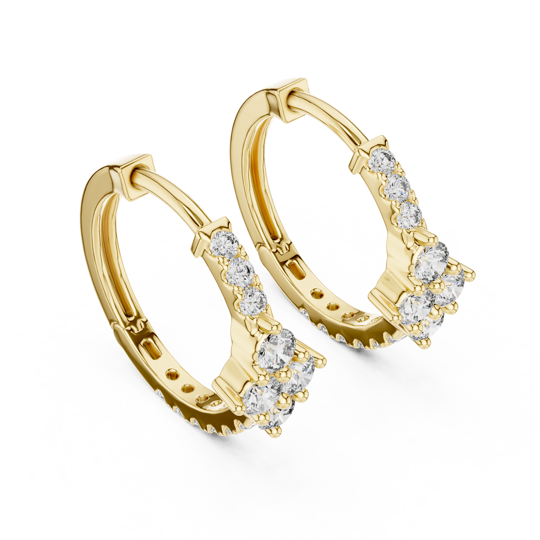 Round Brilliant Diamond Cluster Huggie Hoop Earrings with Pavé Accents