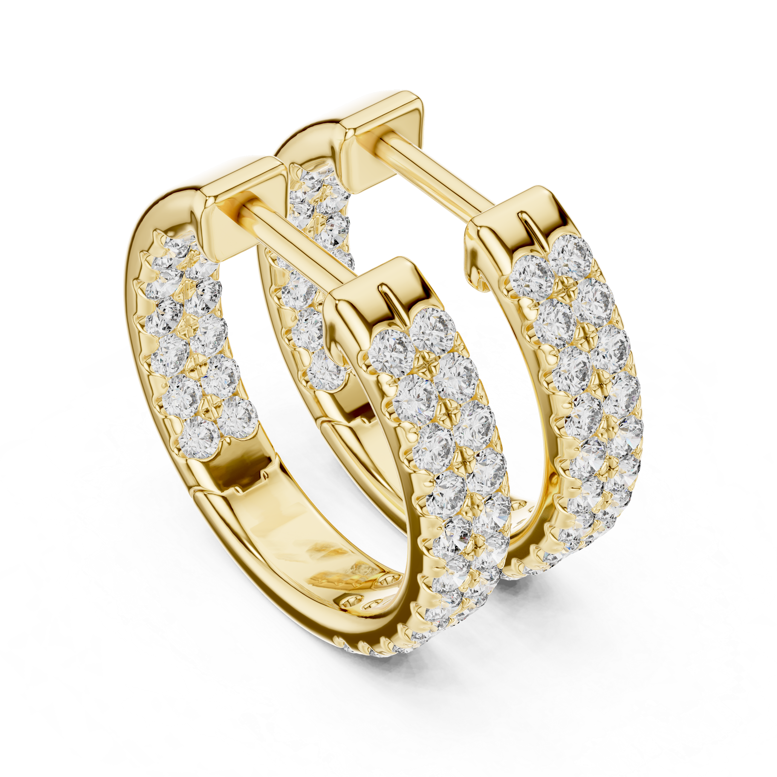 Round Brilliant Diamond Triple Row Pavé Huggie Hoop Earrings with Full Coverage Sparkle