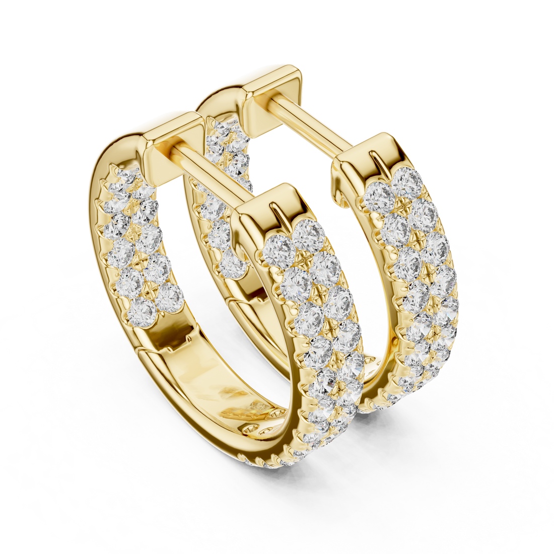 Round Brilliant Diamond Triple Row Pavé Huggie Hoop Earrings with Full Coverage Sparkle