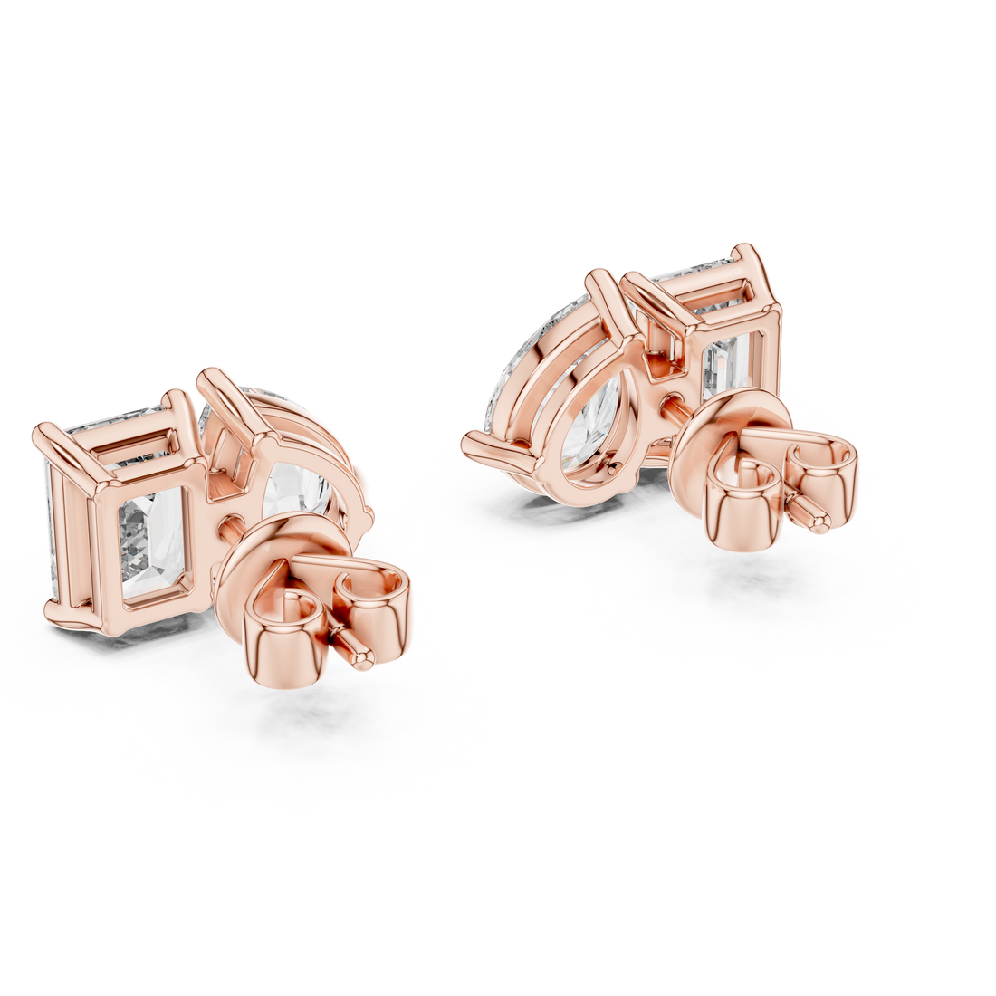 Emerald and Pear Cut Diamond Front Back Stud Earrings