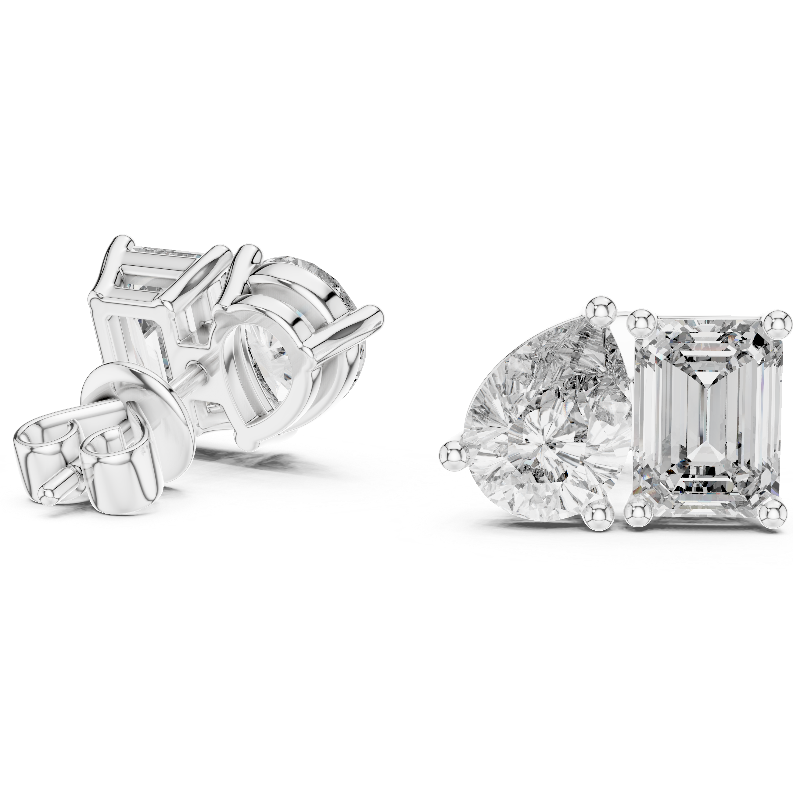 Emerald and Pear Cut Diamond Front Back Stud Earrings