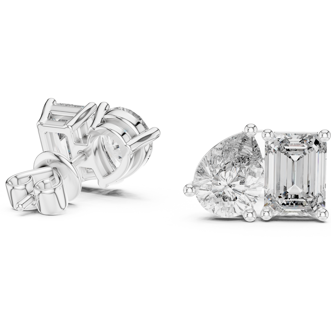 Emerald and Pear Cut Diamond Front Back Stud Earrings