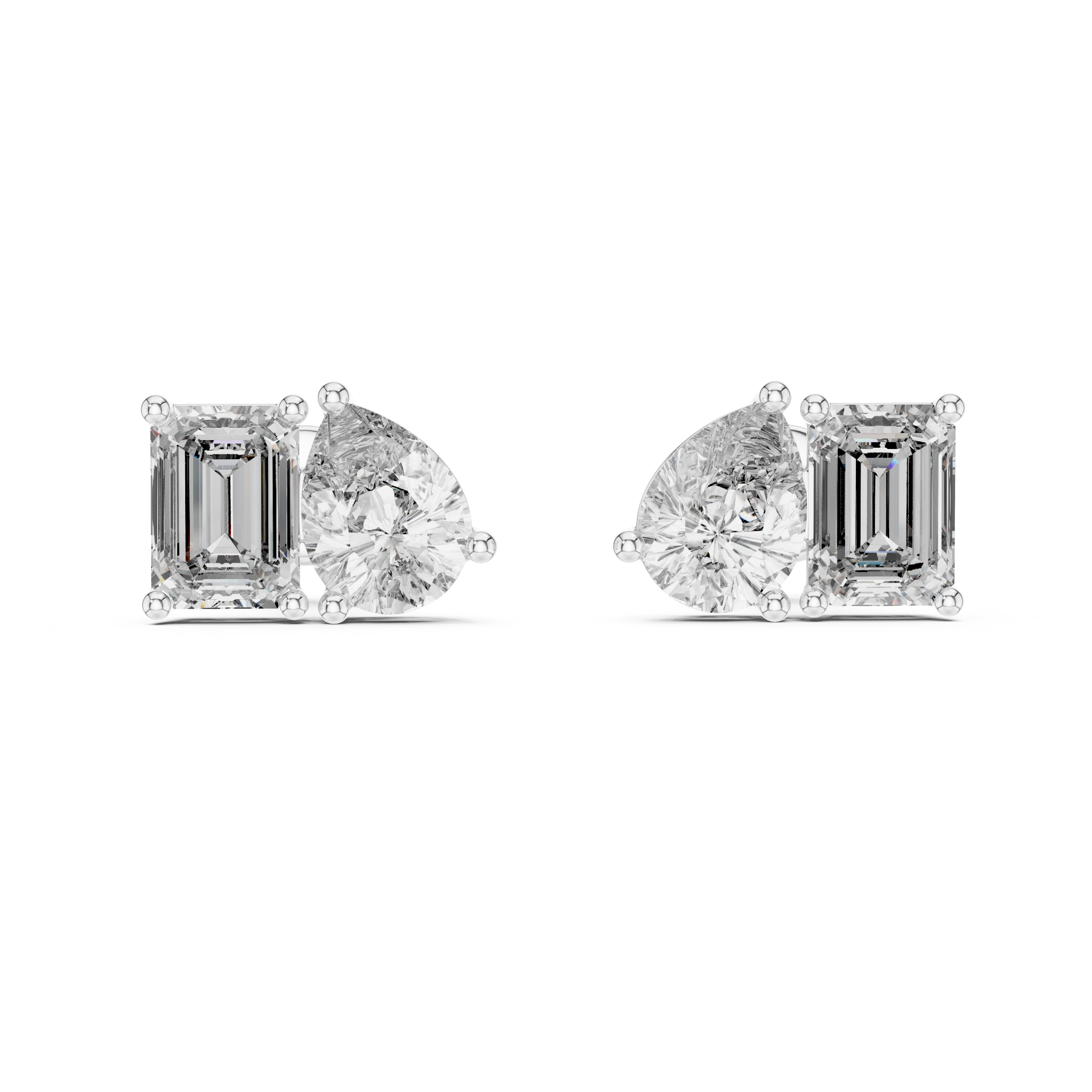 Emerald and Pear Cut Diamond Front Back Stud Earrings