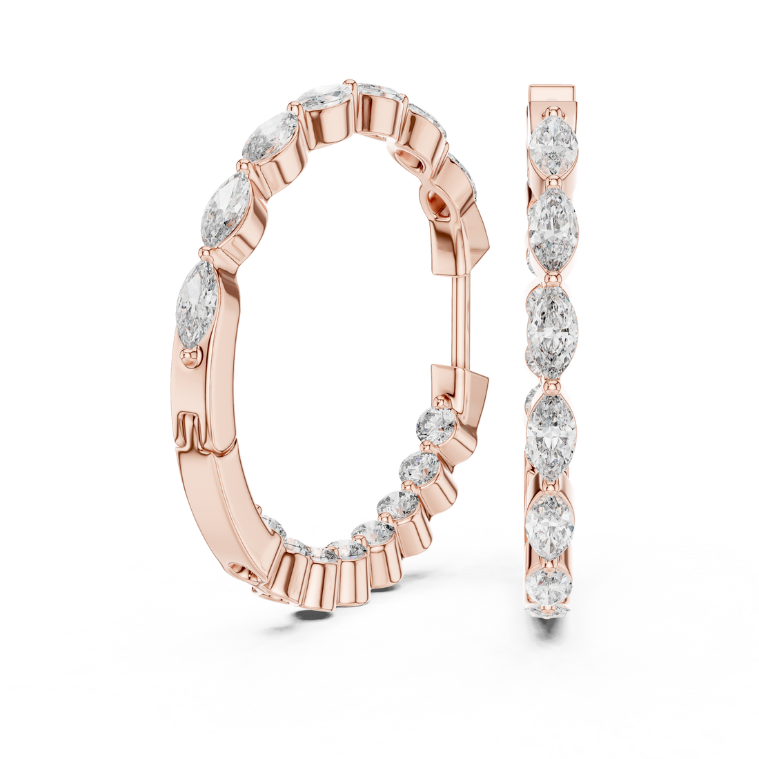 Marquise and Round Diamond Alternating Huggie Hoop Earrings