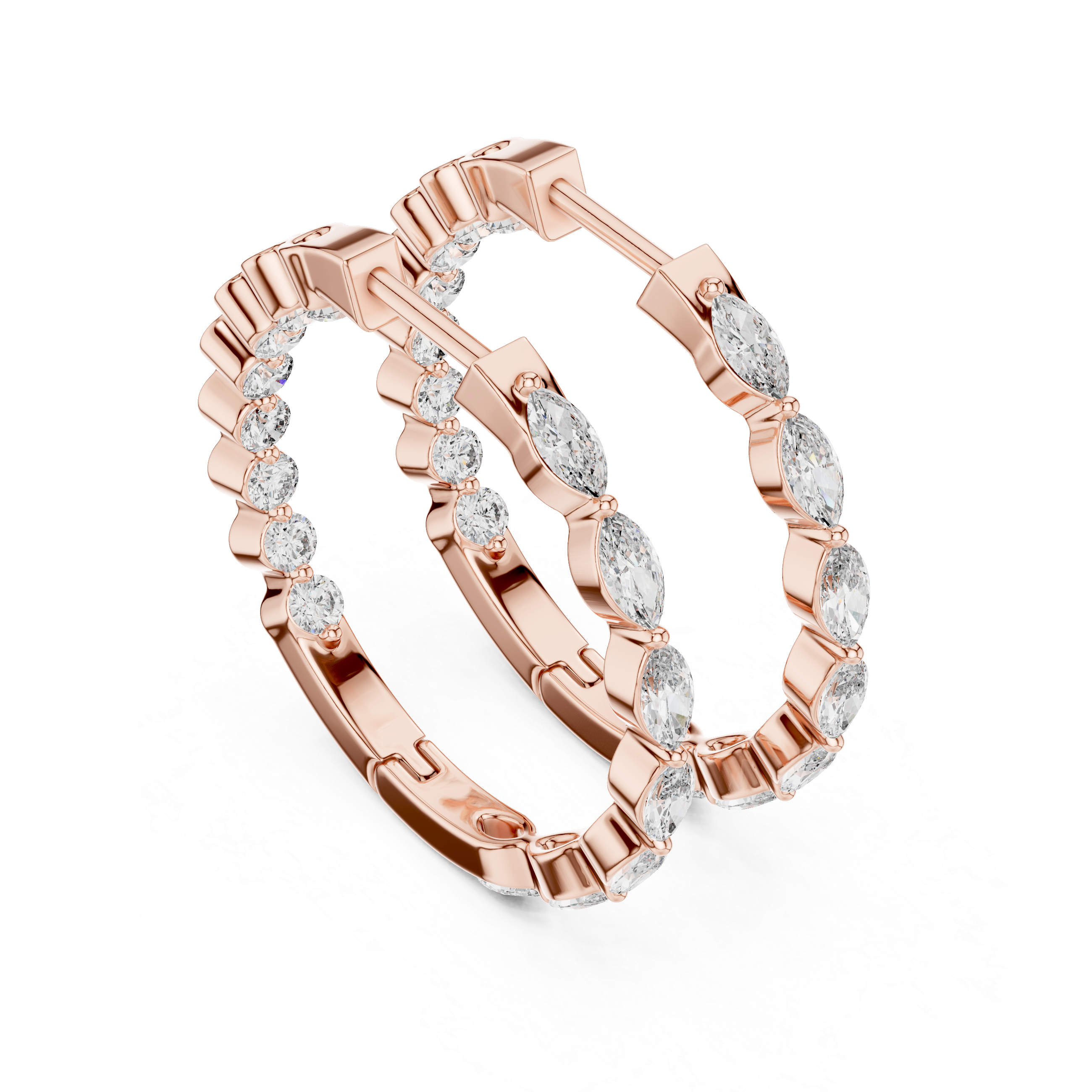 Marquise and Round Diamond Alternating Huggie Hoop Earrings