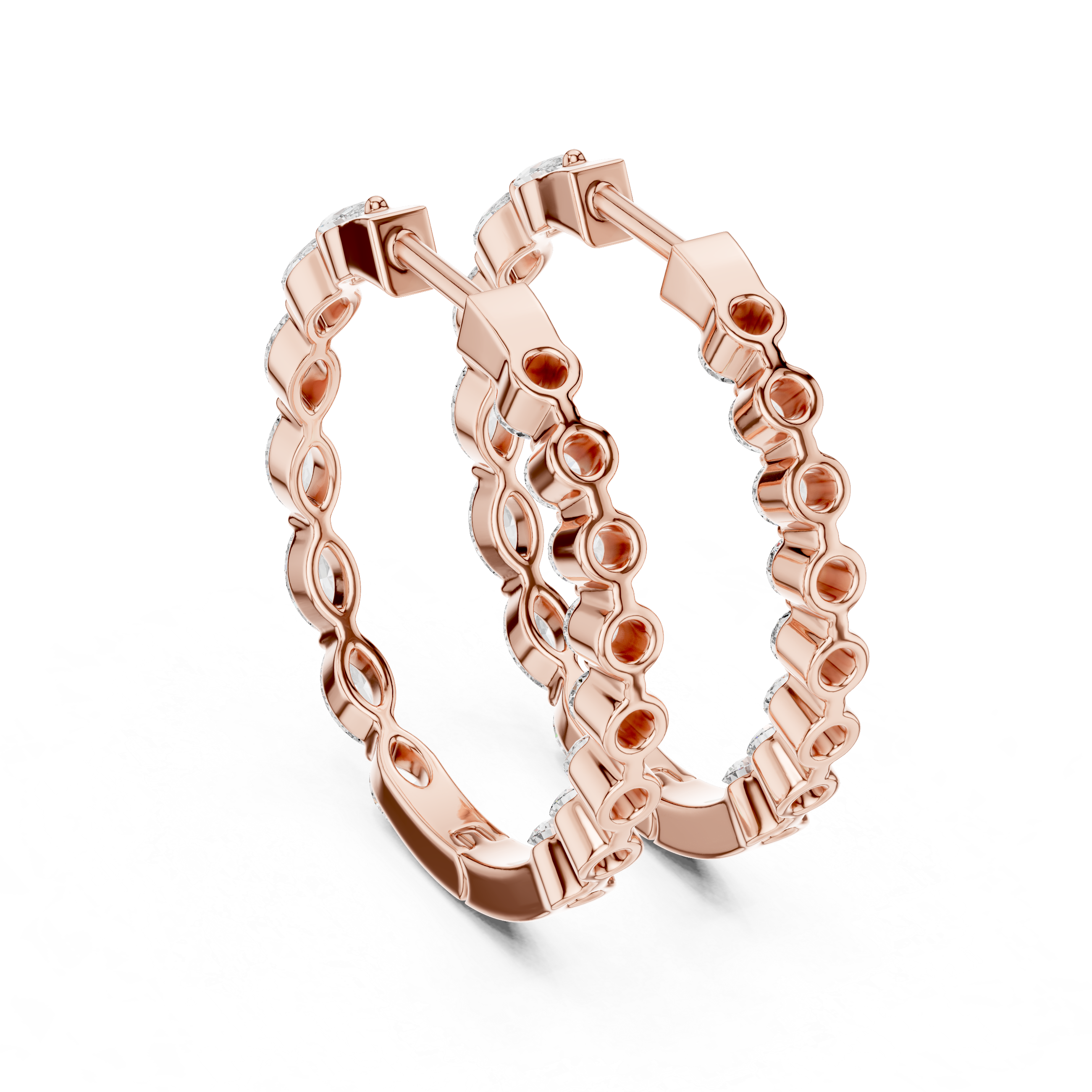 Marquise and Round Diamond Alternating Huggie Hoop Earrings