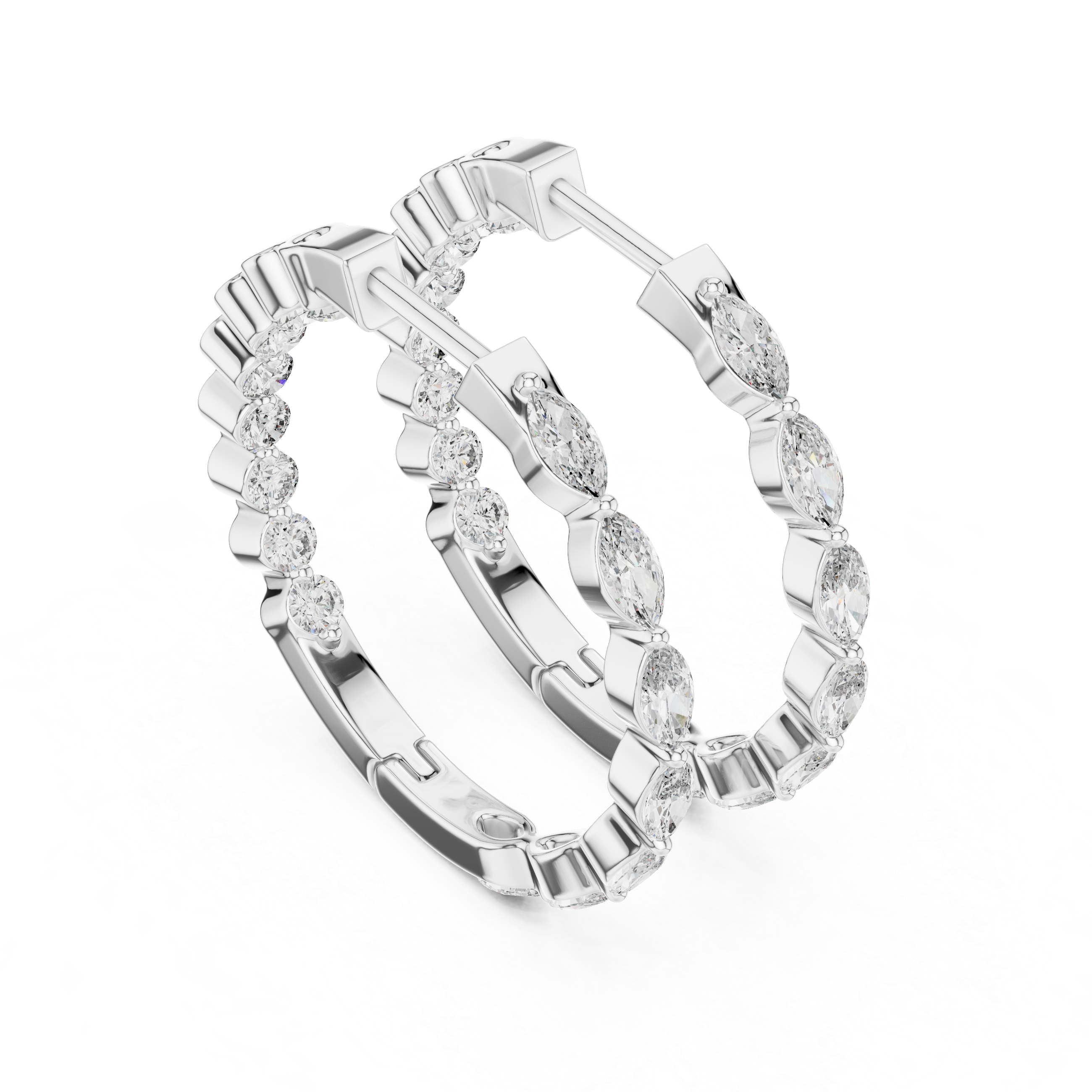 Marquise and Round Diamond Alternating Huggie Hoop Earrings