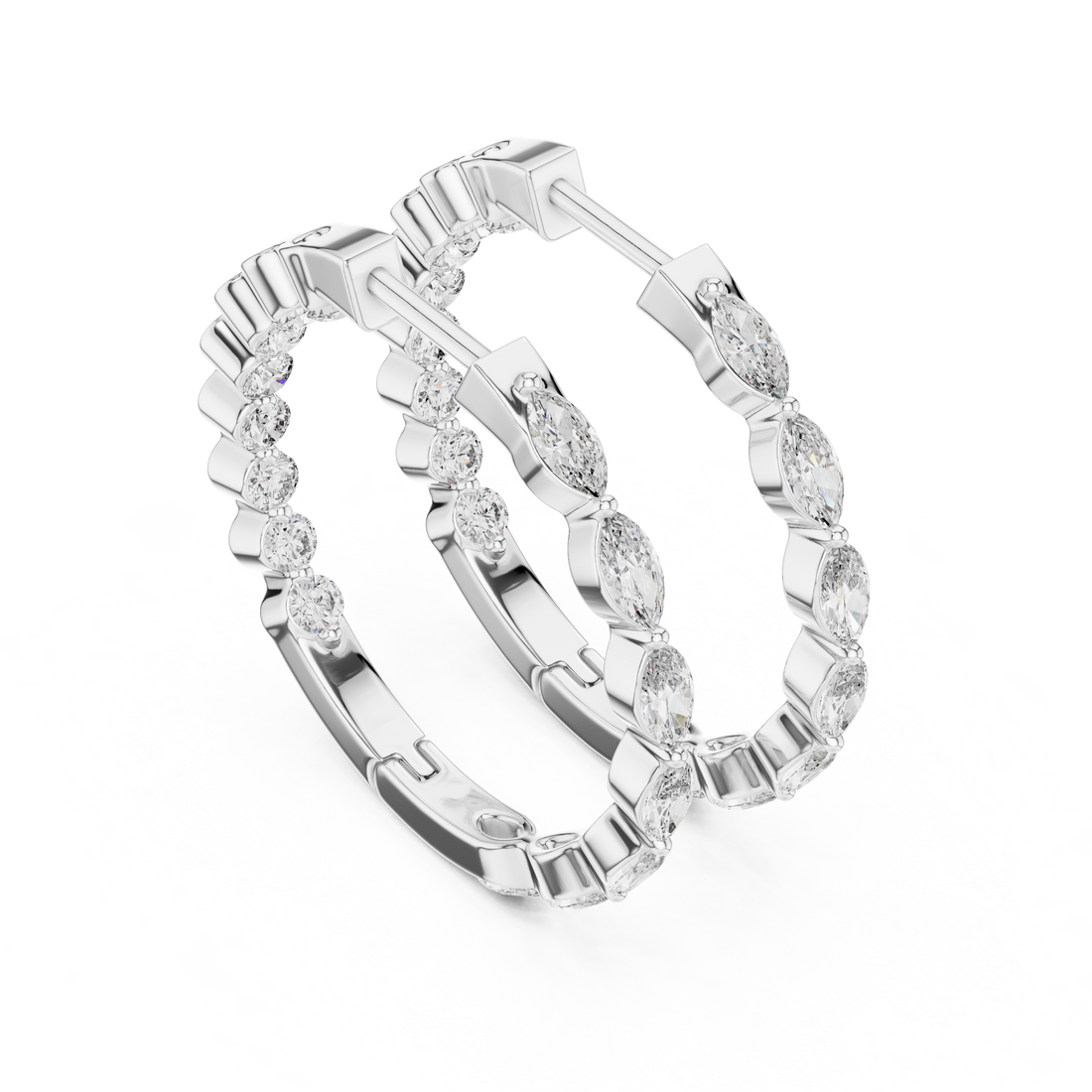 Marquise and Round Diamond Alternating Huggie Hoop Earrings