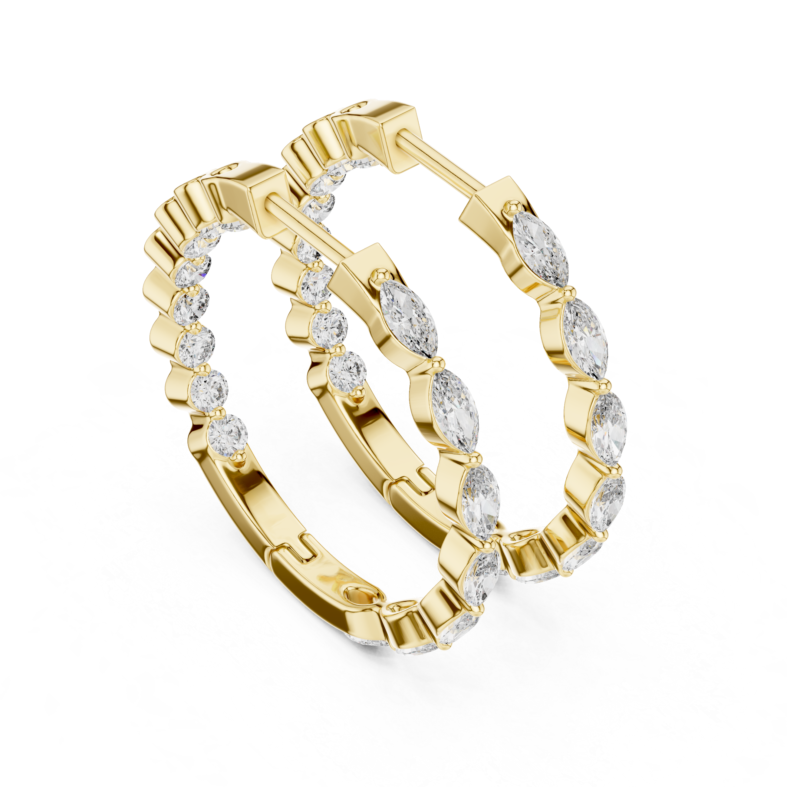 Marquise and Round Diamond Alternating Huggie Hoop Earrings