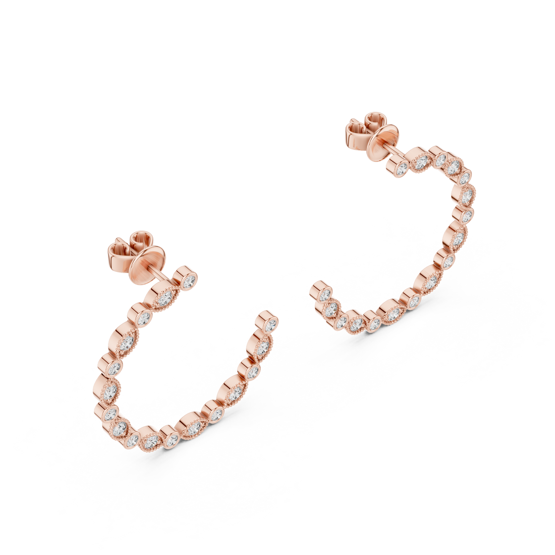 Alternating Marquise and Round Diamond Open Hoop Earrings