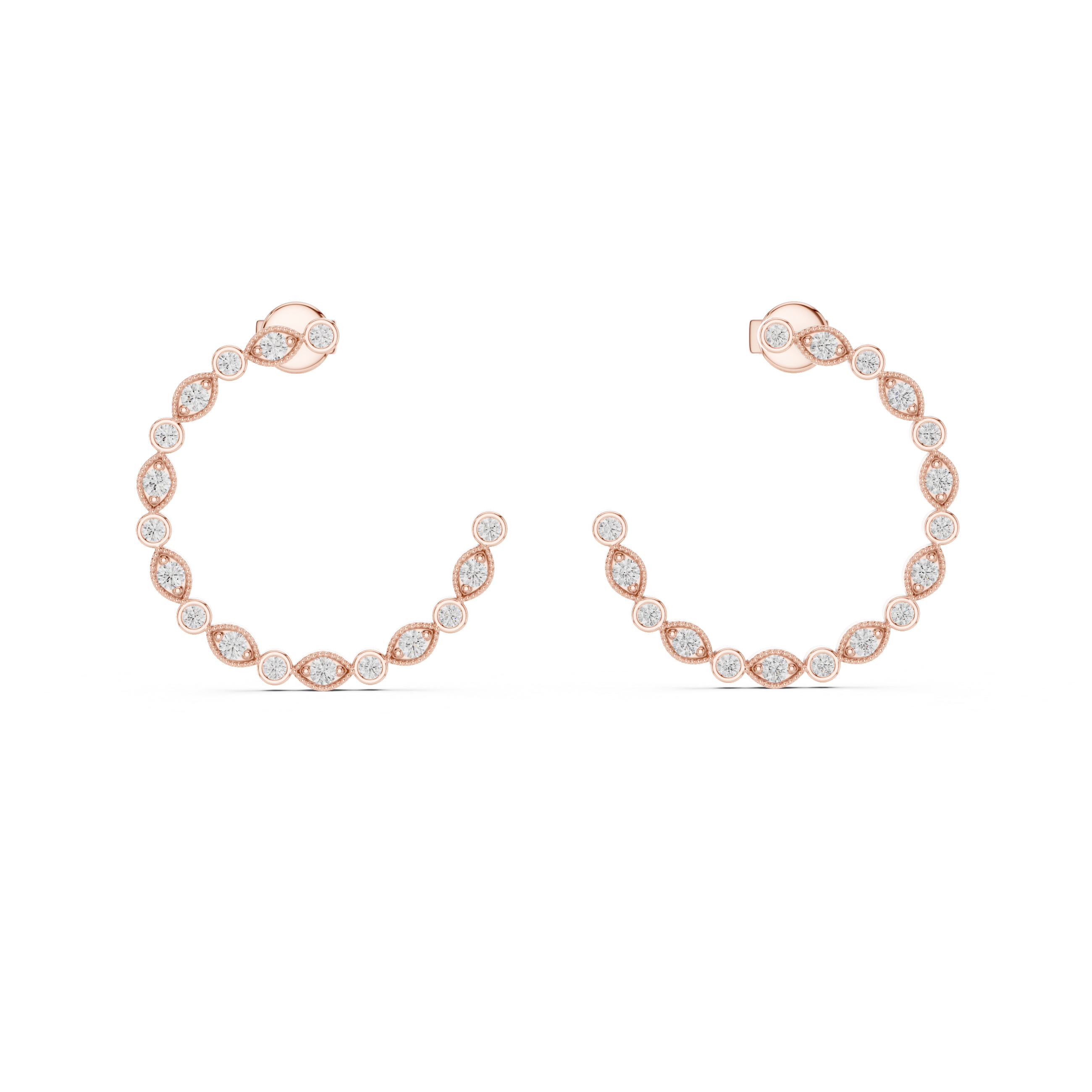 Alternating Marquise and Round Diamond Open Hoop Earrings
