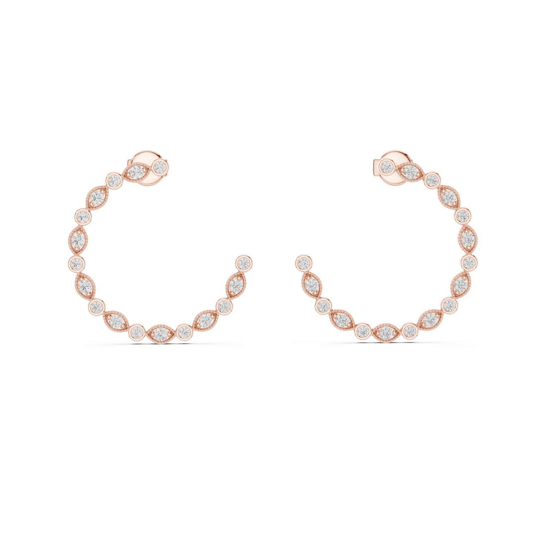 Alternating Marquise and Round Diamond Open Hoop Earrings