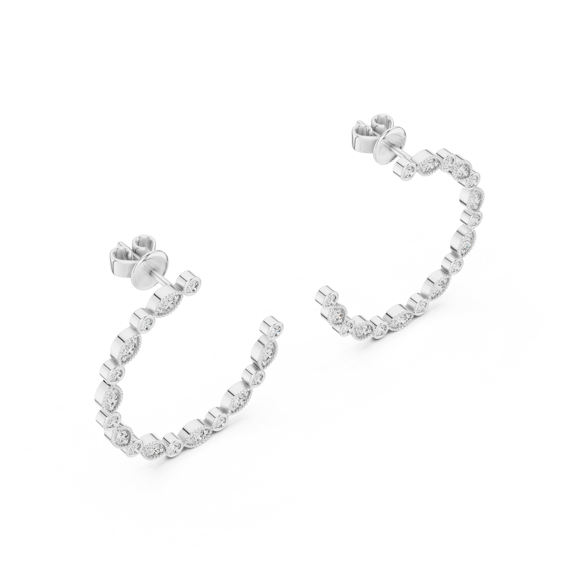 Alternating Marquise and Round Diamond Open Hoop Earrings