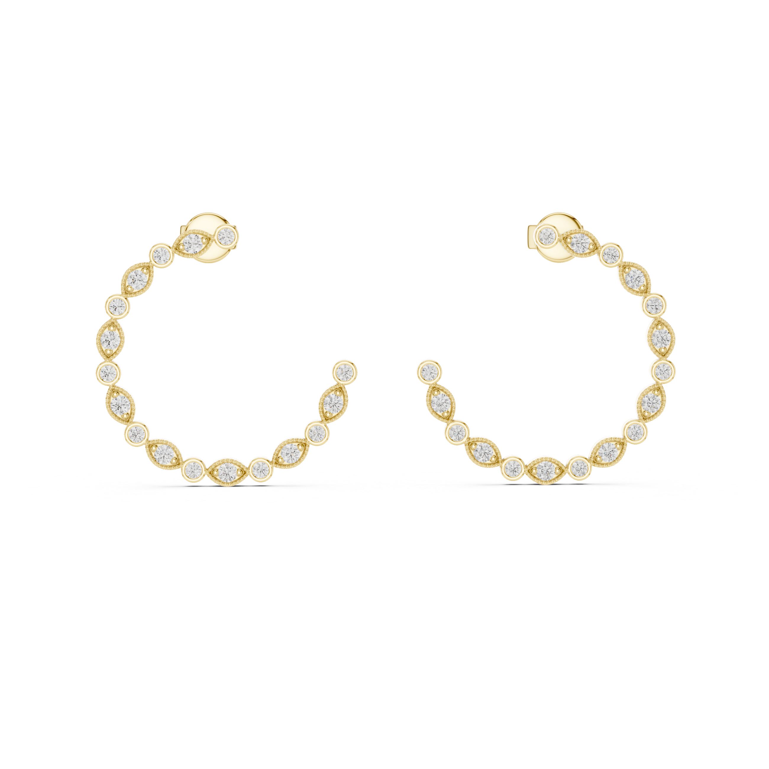 Alternating Marquise and Round Diamond Open Hoop Earrings