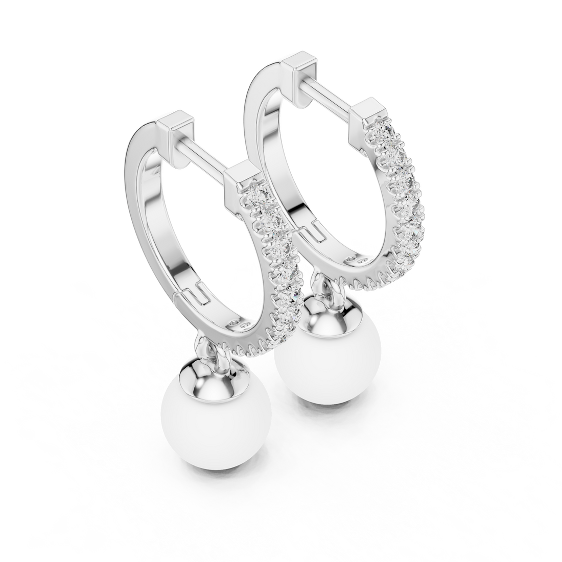 Round Brilliant Diamond Pavé Huggie Hoop Earrings with Classic Round Pearl Drop